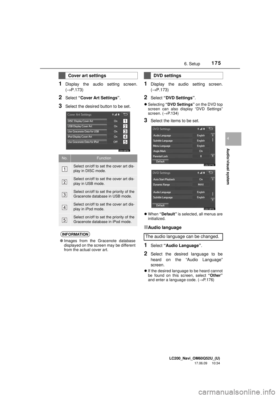 TOYOTA LAND CRUISER 2018 Accessories, Audio & Navigation (in English) LC200_Navi_OM60Q52U_(U)
17.06.09 10:34
Audio/visual system
4
1756. Setup
1Display the audio setting screen.
(→P.173)
2Select “Cover Art Settings” .
3Select the desired button to be set.
1Dis TOYOTA LAND CRUISER 2018 Accessories, Audio & Navigation (in English) LC200_Navi_OM60Q52U_(U)
17.06.09 10:34
Audio/visual system
4
1756. Setup
1Display the audio setting screen.
(→P.173)
2Select “Cover Art Settings” .
3Select the desired button to be set.
1Dis