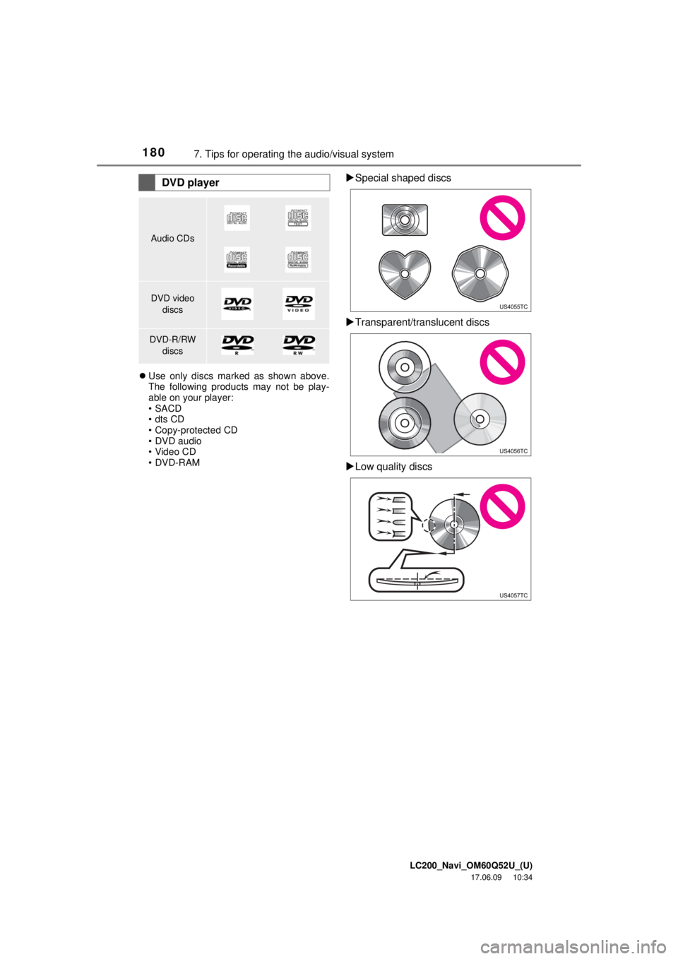 TOYOTA LAND CRUISER 2018 Accessories, Audio & Navigation (in English) LC200_Navi_OM60Q52U_(U)
17.06.09 10:34
1807. Tips for operating the audio/visual system
Use only discs marked as shown above.
The following products may not be play-
able on your player:
•SAC TOYOTA LAND CRUISER 2018 Accessories, Audio & Navigation (in English) LC200_Navi_OM60Q52U_(U)
17.06.09 10:34
1807. Tips for operating the audio/visual system
Use only discs marked as shown above.
The following products may not be play-
able on your player:
•SAC