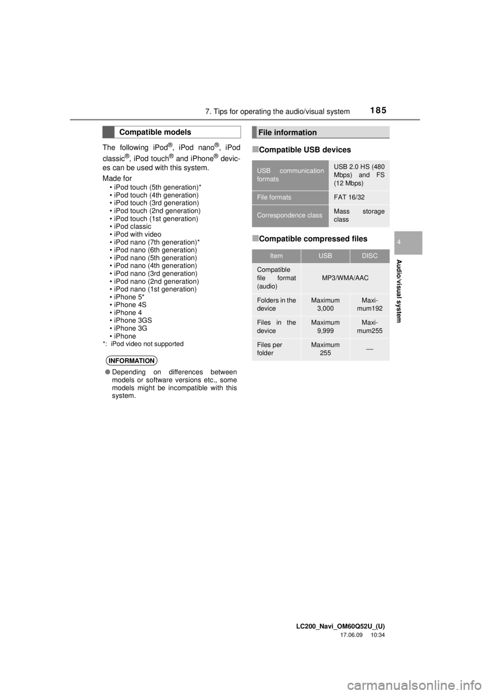 TOYOTA LAND CRUISER 2018 Accessories, Audio & Navigation (in English) LC200_Navi_OM60Q52U_(U)
17.06.09 10:34
Audio/visual system
4
1857. Tips for operating the audio/visual system
The following iPod
®, iPod nano®, iPod
classic®, iPod touch® and iPhone® devic-
e TOYOTA LAND CRUISER 2018 Accessories, Audio & Navigation (in English) LC200_Navi_OM60Q52U_(U)
17.06.09 10:34
Audio/visual system
4
1857. Tips for operating the audio/visual system
The following iPod
®, iPod nano®, iPod
classic®, iPod touch® and iPhone® devic-
e