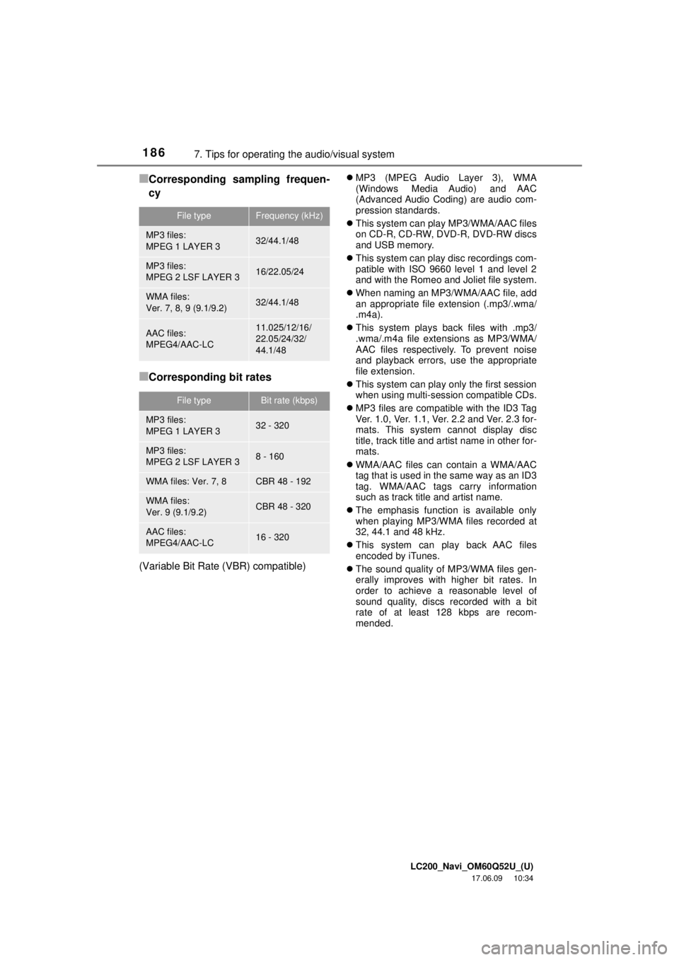 TOYOTA LAND CRUISER 2018 Accessories, Audio & Navigation (in English) LC200_Navi_OM60Q52U_(U)
17.06.09 10:34
1867. Tips for operating the audio/visual system
■Corresponding sampling frequen-
cy
■Corresponding bit rates
(Variable Bit Rate (VBR) compatible)
MP3 TOYOTA LAND CRUISER 2018 Accessories, Audio & Navigation (in English) LC200_Navi_OM60Q52U_(U)
17.06.09 10:34
1867. Tips for operating the audio/visual system
■Corresponding sampling frequen-
cy
■Corresponding bit rates
(Variable Bit Rate (VBR) compatible)
MP3