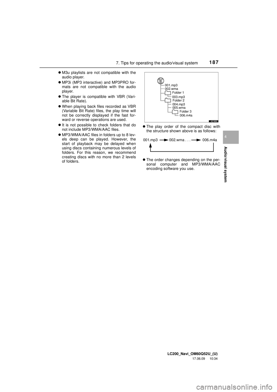 TOYOTA LAND CRUISER 2018 Accessories, Audio & Navigation (in English) LC200_Navi_OM60Q52U_(U)
17.06.09 10:34
Audio/visual system
4
1877. Tips for operating the audio/visual system
M3u playlists are not compatible with the
audio player.
MP3i (MP3 interactive) TOYOTA LAND CRUISER 2018 Accessories, Audio & Navigation (in English) LC200_Navi_OM60Q52U_(U)
17.06.09 10:34
Audio/visual system
4
1877. Tips for operating the audio/visual system
M3u playlists are not compatible with the
audio player.
MP3i (MP3 interactive)