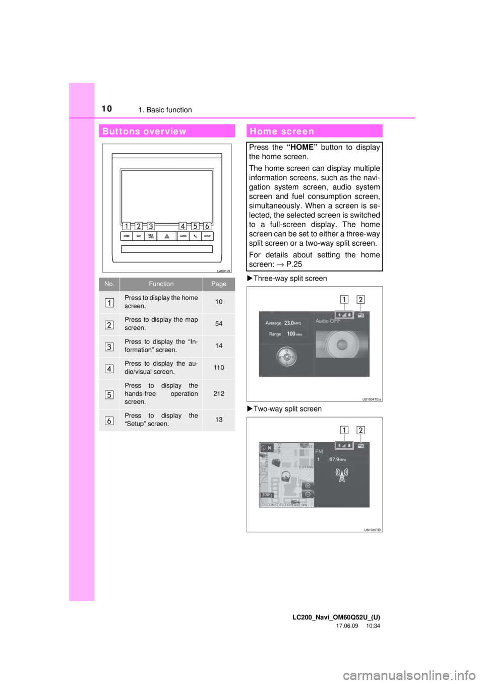 TOYOTA LAND CRUISER 2018 Accessories, Audio & Navigation (in English) LC200_Navi_OM60Q52U_(U)
17.06.09 10:34
101. Basic functionThree-way split screen
Two-way split screen
Buttons overview
No.FunctionPage
Press to display the home
screen.10
Press to display t TOYOTA LAND CRUISER 2018 Accessories, Audio & Navigation (in English) LC200_Navi_OM60Q52U_(U)
17.06.09 10:34
101. Basic functionThree-way split screen
Two-way split screen
Buttons overview
No.FunctionPage
Press to display the home
screen.10
Press to display t