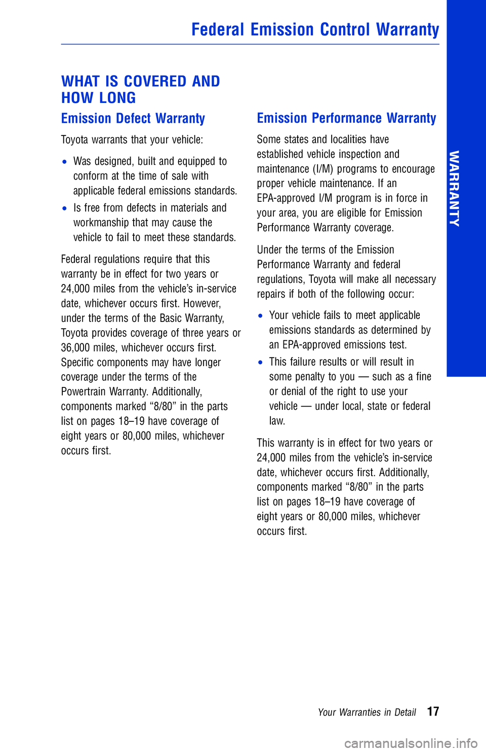 TOYOTA LAND CRUISER 2018 Warranties & Maintenance Guides (in English) JOBNAME: 2878015-en-2018_LAND PAGE: 17 SESS: 4 OUTPUT: Wed Jul 5 18:05:36 2017
/InfoShareAuthorCODA/InfoShareAuthorCODA/TS_Warr_Maint/2878015-en-2018_L\
AND_CRUISER.00505-18WMG-LC/TS_Warr_Maint_v1
WHA TOYOTA LAND CRUISER 2018 Warranties & Maintenance Guides (in English) JOBNAME: 2878015-en-2018_LAND PAGE: 17 SESS: 4 OUTPUT: Wed Jul 5 18:05:36 2017
/InfoShareAuthorCODA/InfoShareAuthorCODA/TS_Warr_Maint/2878015-en-2018_L\
AND_CRUISER.00505-18WMG-LC/TS_Warr_Maint_v1
WHA