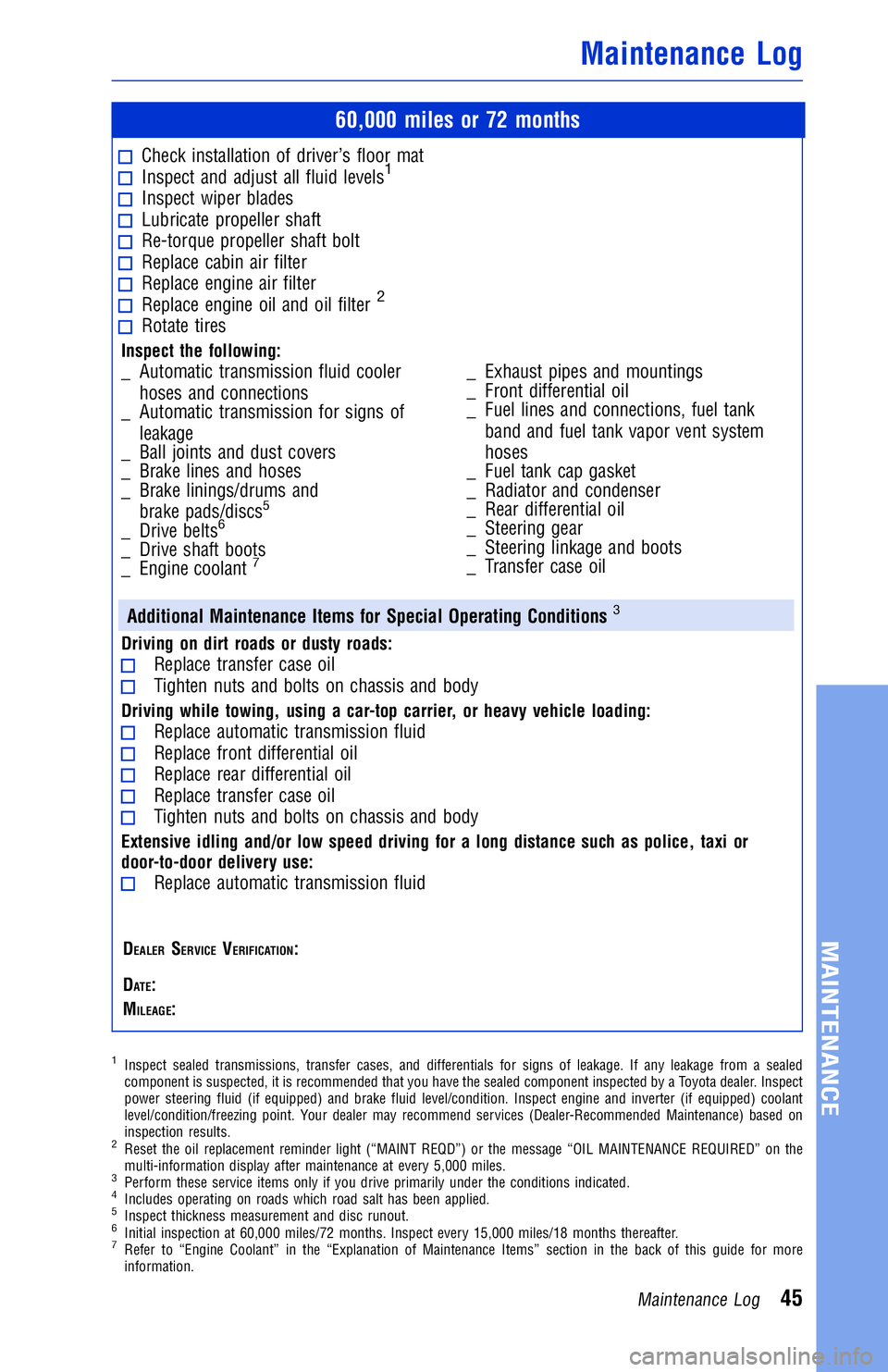 TOYOTA LAND CRUISER 2018  Warranties & Maintenance Guides (in English) JOBNAME: 2878015-en-2018_LAND PAGE: 45 SESS: 4 OUTPUT: Wed Jul 5 18:05:36 2017
/InfoShareAuthorCODA/InfoShareAuthorCODA/TS_Warr_Maint/2878015-en-2018_L\
AND_CRUISER.00505-18WMG-LC/TS_Warr_Maint_v1
60,