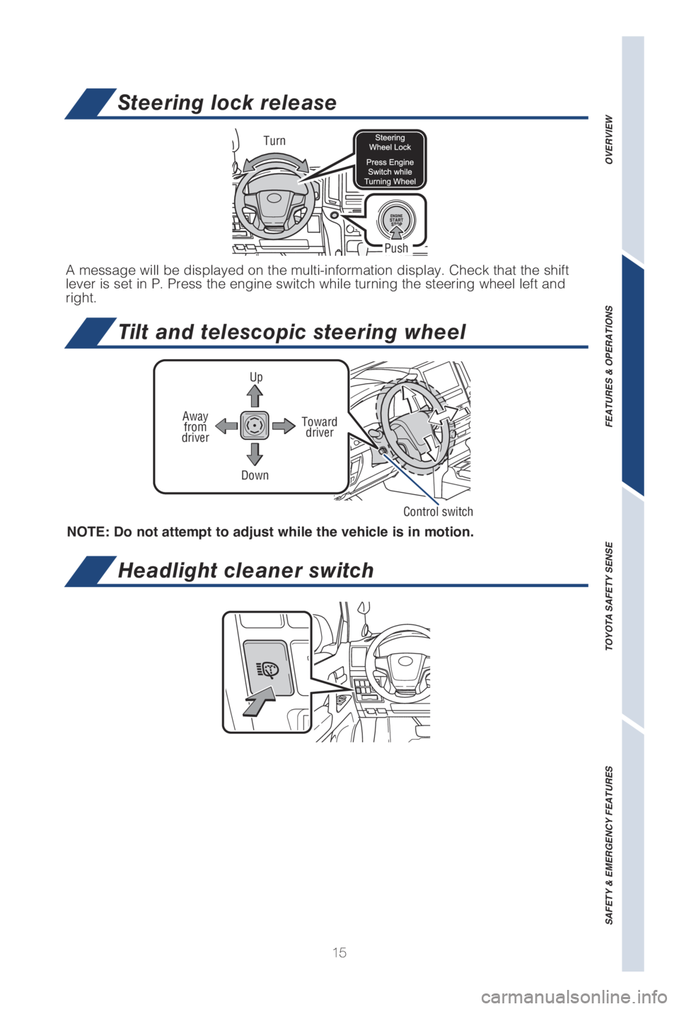 TOYOTA LAND CRUISER 2019  Owners Manual (in English) 15
Steering lock release
Turn
Push
Tilt and telescopic steering wheel
Headlight cleaner switch
Up
Toward driver
Down
NOTE: Do not attempt to adjust while the vehicle is in motion.
Away  from 
driver
C