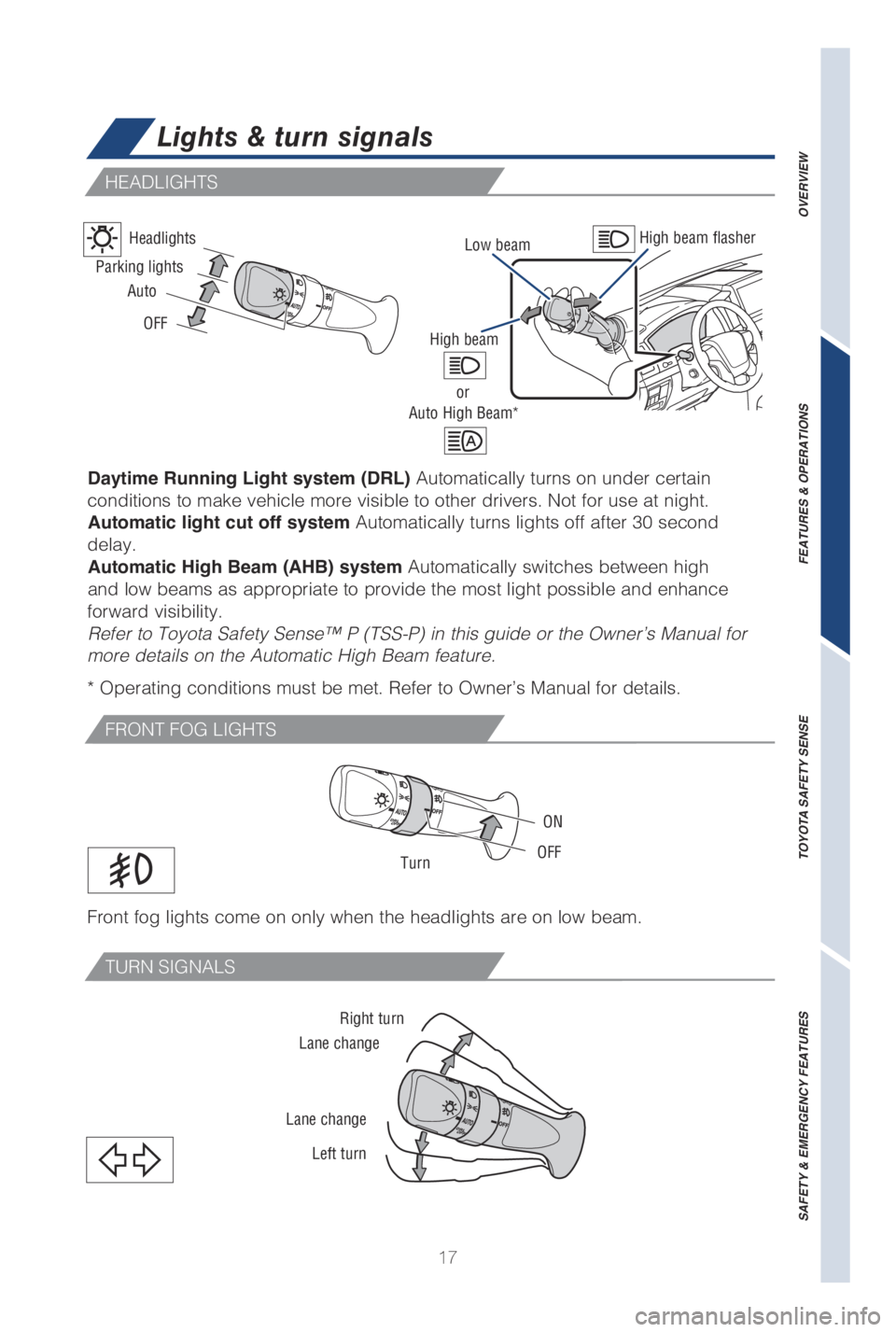 TOYOTA LAND CRUISER 2019   (in English) User Guide 17
OVERVIEW
FEATURES & OPERATIONS
TOYOTA SAFETY SENSE
SAFETY & EMERGENCY FEATURES
Daytime Running Light system (DRL) Automatically turns on under certain 
conditions to make vehicle more visible to ot