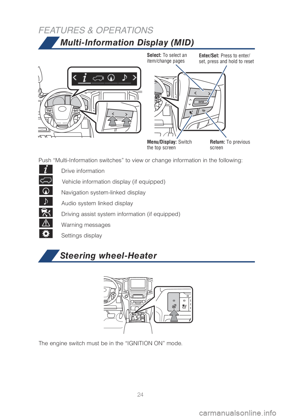 TOYOTA LAND CRUISER 2019   (in English) Owners Manual 24
FEATURES & OPERATIONSMulti-Information Display (MID)
Select: To select an
item/change pagesEnter/Set: Press to enter/
set, press and hold to reset
Menu/Display: Switch 
the top screenReturn: To pre