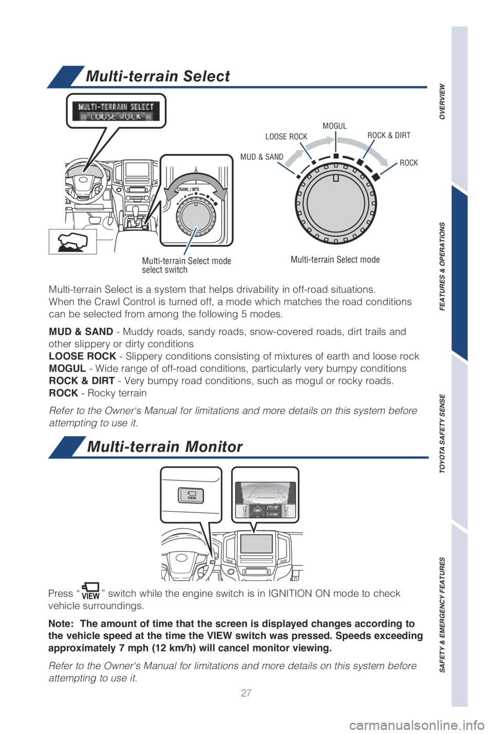 TOYOTA LAND CRUISER 2019   (in English) Owners Manual 27
OVERVIEW
FEATURES & OPERATIONS
TOYOTA SAFETY SENSE
SAFETY & EMERGENCY FEATURES
Multi-terrain Select
Multi-terrain Monitor
Press “” switch while the engine switch is in IGNITION ON mode to check