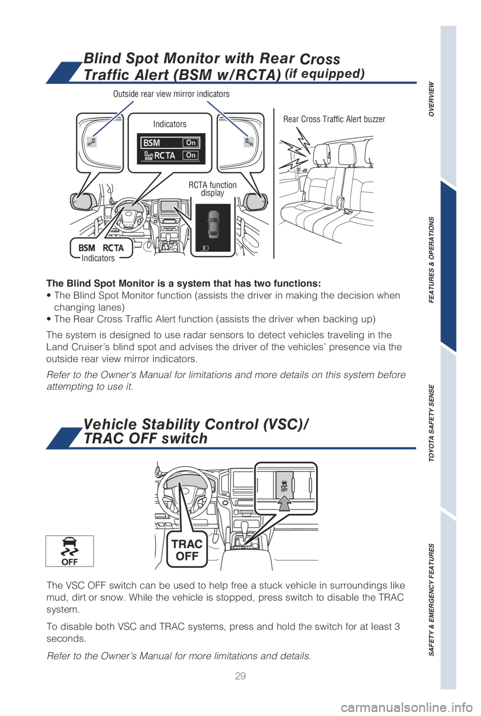TOYOTA LAND CRUISER 2019   (in English) Owners Guide 29
OVERVIEW
FEATURES & OPERATIONS
TOYOTA SAFETY SENSE
SAFETY & EMERGENCY FEATURES
Vehicle Stability Control (VSC)/ 
TRAC OFF switch
The VSC OFF switch can be used to help free a stuck vehicle in surro