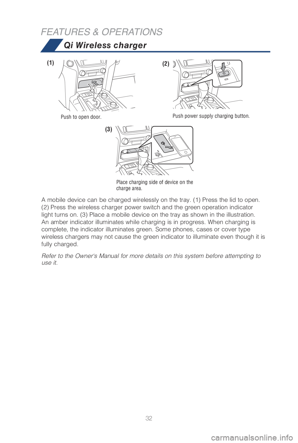 TOYOTA LAND CRUISER 2019   (in English) Owners Guide 32
Qi Wireless charger
FEATURES & OPERATIONS
(1)
Push to open door.Push power supply charging button.
Place charging side of device on the 
charge area. 
(2)
(3)
A mobile device can be charged wireles