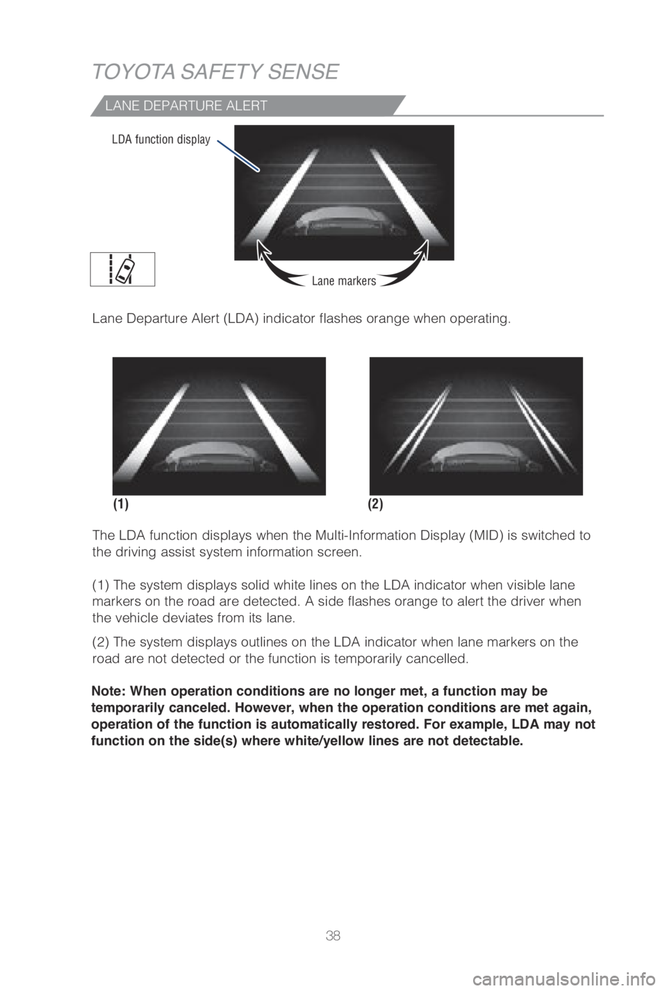 TOYOTA LAND CRUISER 2019   (in English) Owners Guide 38
TOYOTA SAFETY SENSE
LANE DEPARTURE ALERT
The LDA function displays when the Multi-Information Display (MID) is switched to 
the driving assist system information screen.
(1) The system displays sol