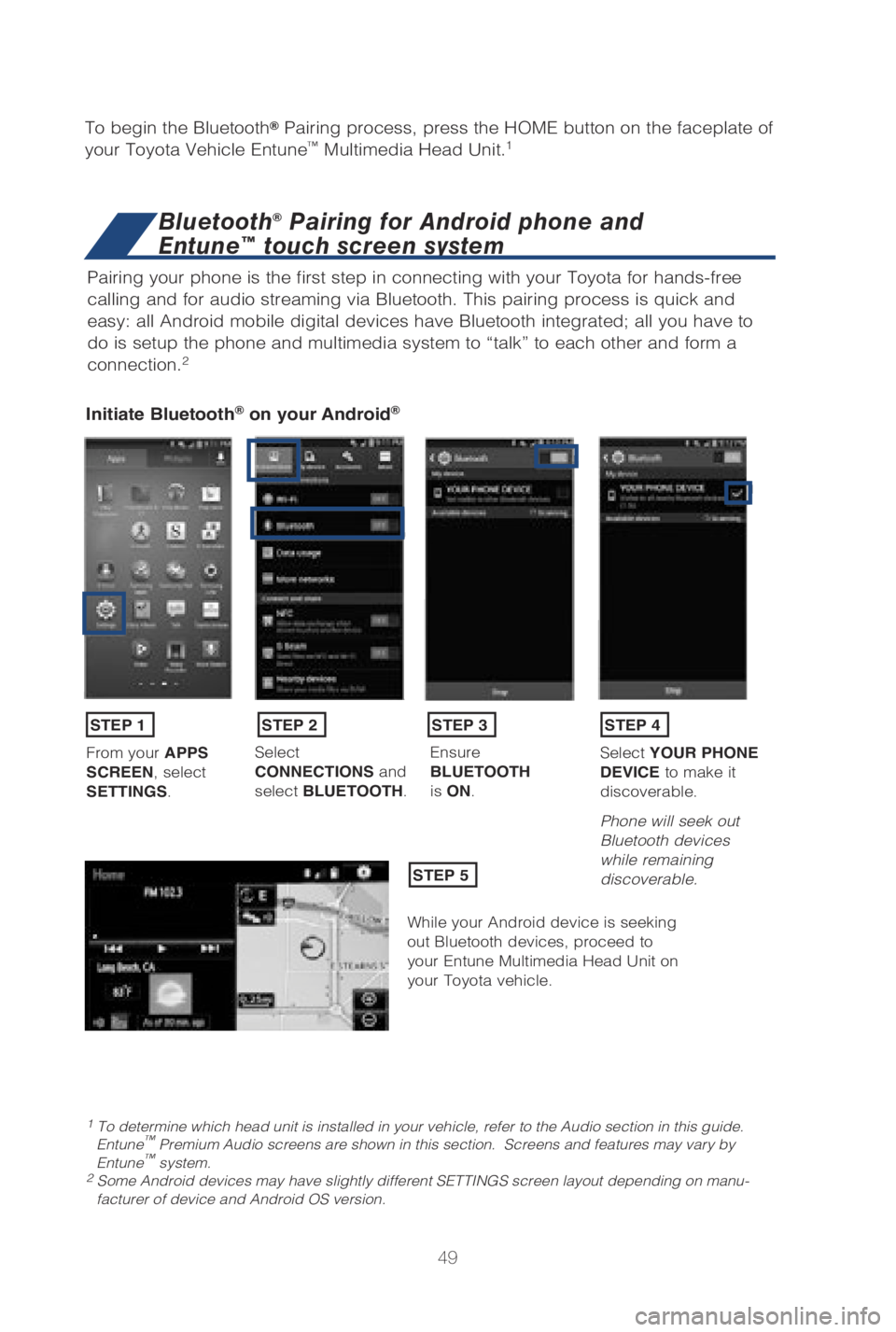 TOYOTA LAND CRUISER 2019 (in English) Workshop Manual 49
Pairing your phone is the first step in connecting with your Toyota for \
hands-free
calling and for audio streaming via Bluetooth. This pairing process is q\
uick and
easy: all Android mobile di TOYOTA LAND CRUISER 2019 (in English) Workshop Manual 49
Pairing your phone is the first step in connecting with your Toyota for \
hands-free
calling and for audio streaming via Bluetooth. This pairing process is q\
uick and
easy: all Android mobile di
