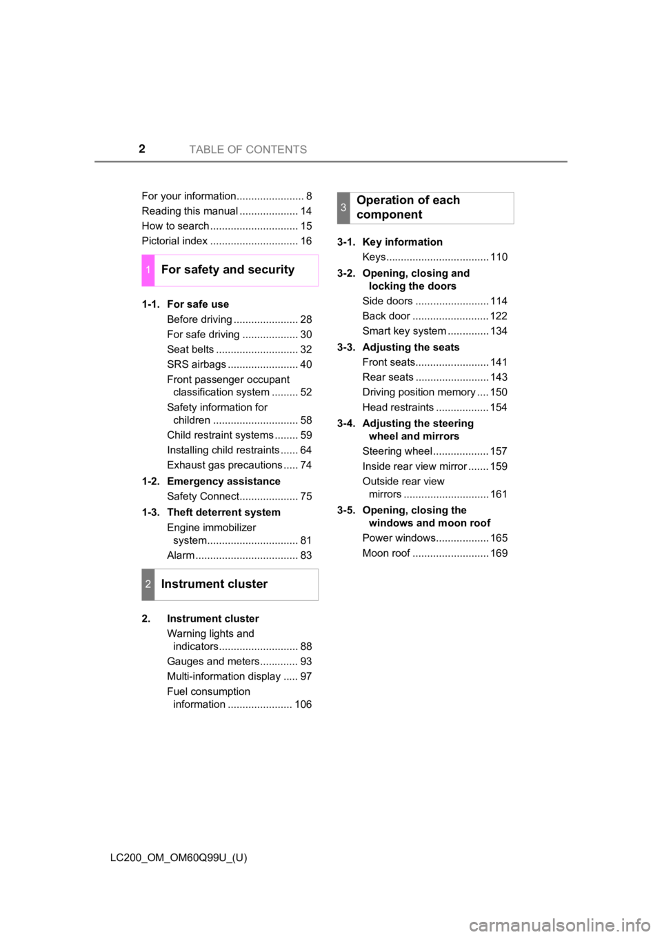 TOYOTA LAND CRUISER 2019  Owners Manual (in English) TABLE OF CONTENTS2
LC200_OM_OM60Q99U_(U)For your information....................... 8
Reading this manual .................... 14
How to search .............................. 15
Pictorial index ......