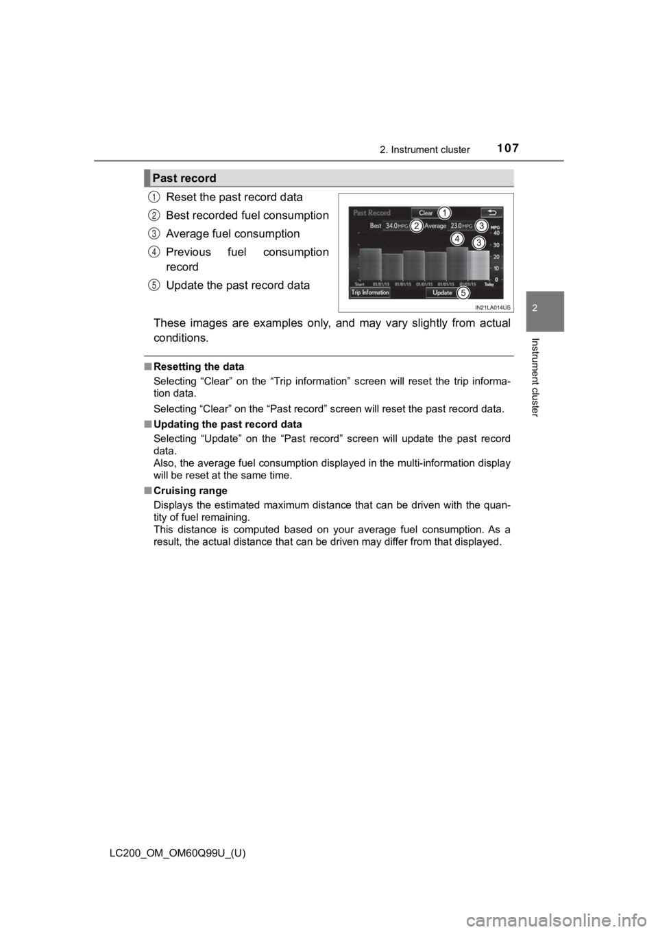 TOYOTA LAND CRUISER 2019  Owners Manual (in English) LC200_OM_OM60Q99U_(U)
1072. Instrument cluster
2
Instrument cluster
Reset the past record data
Best recorded fuel consumption
Average fuel consumption
Previous  fuel  consumption
record
Update the pas