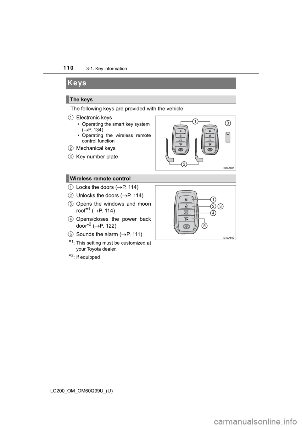 TOYOTA LAND CRUISER 2019  Owners Manual (in English) 110
LC200_OM_OM60Q99U_(U)
3-1. Key information
Keys
The following keys are provided with the vehicle.
Electronic keys
• Operating the smart key system  (P. 134)
• Operating  the  wireless  remo