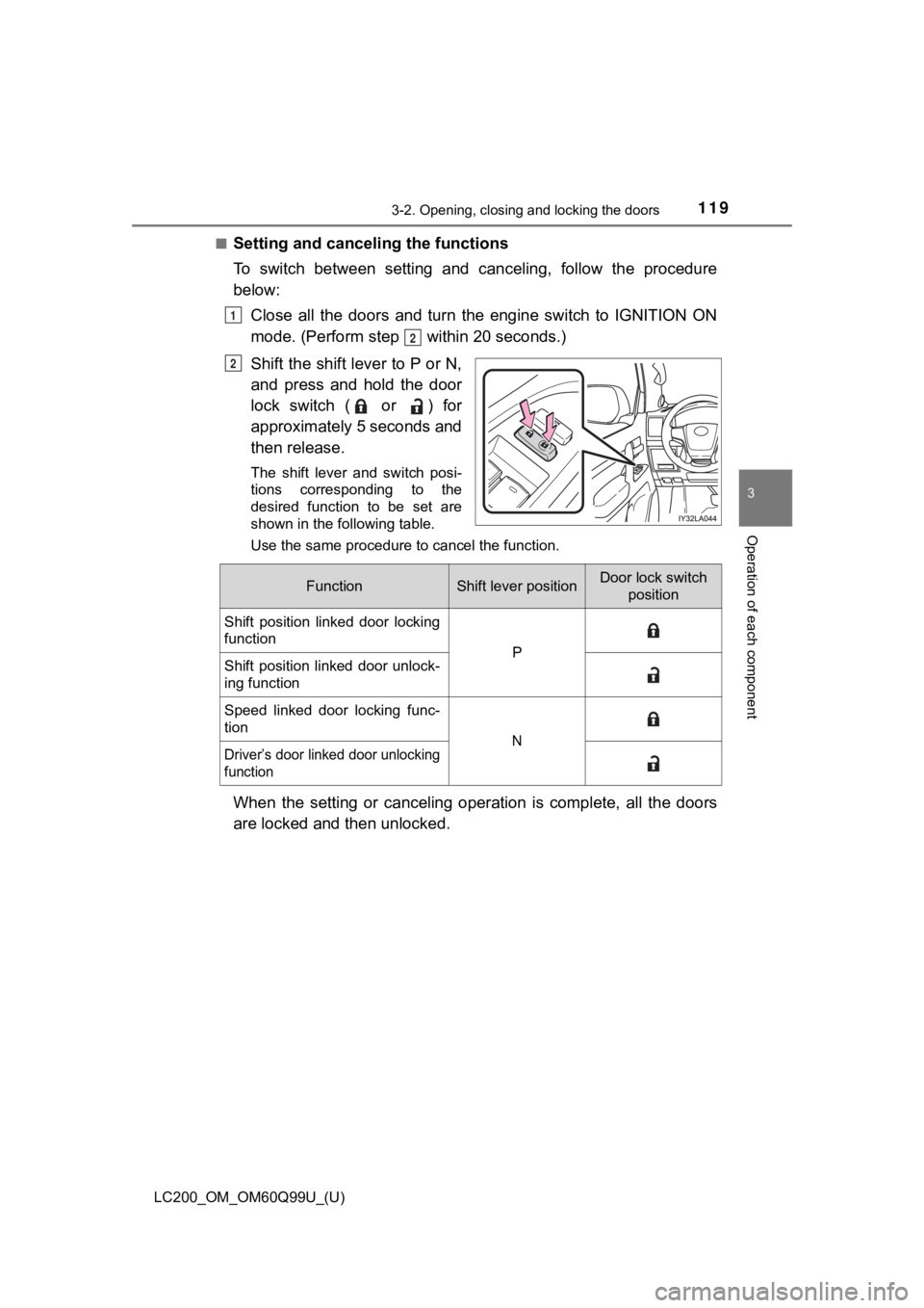 TOYOTA LAND CRUISER 2019  Owners Manual (in English) LC200_OM_OM60Q99U_(U)
1193-2. Opening, closing and locking the doors
3
Operation of each component
■Setting and canceling the functions
To  switch  between  setting  and  canceling,  follow  the  pr
