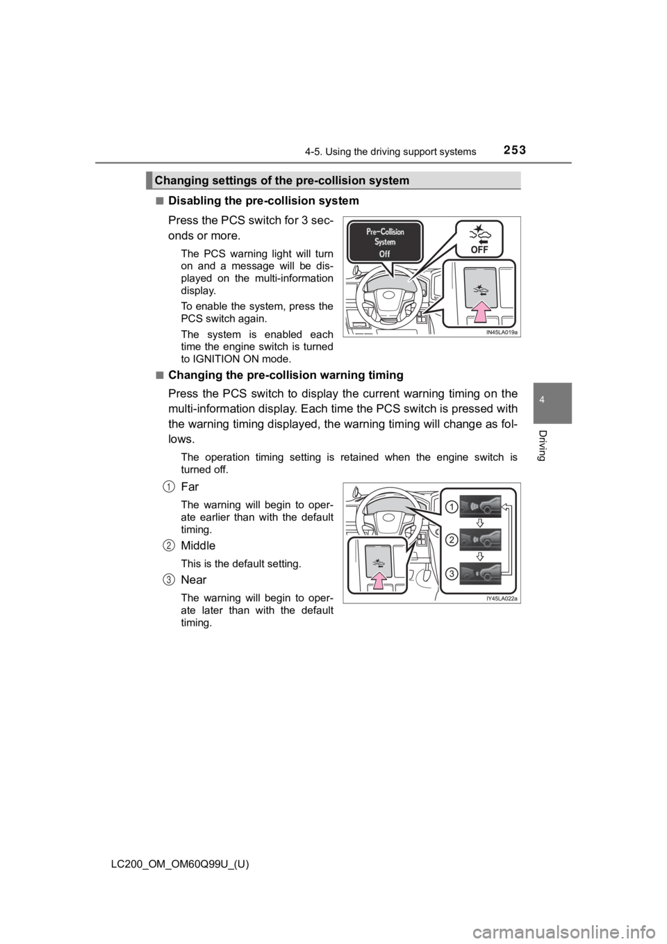 TOYOTA LAND CRUISER 2019  Owners Manual (in English) LC200_OM_OM60Q99U_(U)
2534-5. Using the driving support systems
4
Driving
■Disabling the pre-collision system
Press the PCS switch for 3 sec-
onds or more.
The  PCS  warning  light  will  turn
on  a