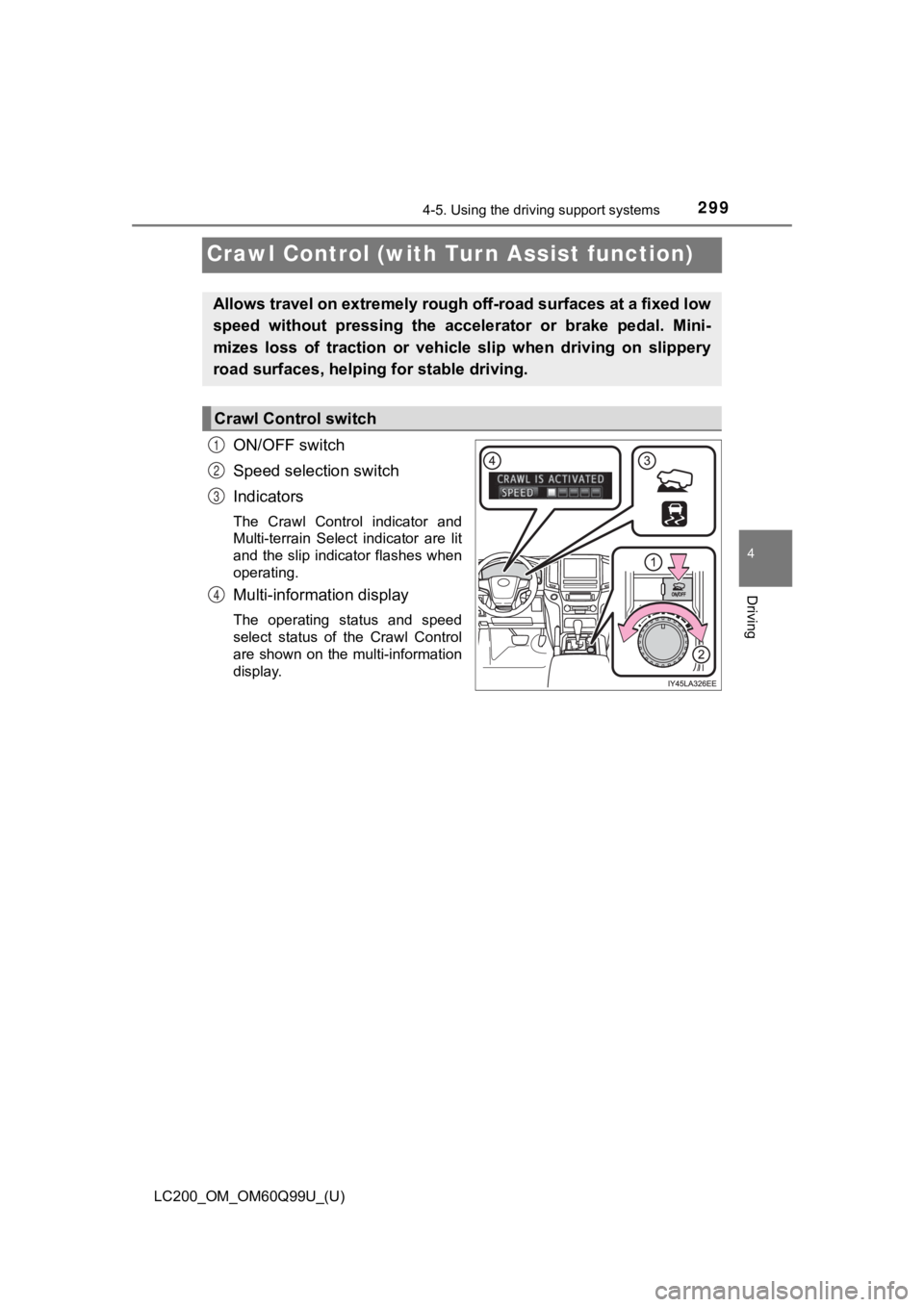 TOYOTA LAND CRUISER 2019 Owners Manual (in English) 299
LC200_OM_OM60Q99U_(U)
4-5. Using the driving support systems
4
Driving
Crawl Control (with Tu rn Assist function)
ON/OFF switch
Speed selection switch
Indicators
The Crawl Control indicator an TOYOTA LAND CRUISER 2019 Owners Manual (in English) 299
LC200_OM_OM60Q99U_(U)
4-5. Using the driving support systems
4
Driving
Crawl Control (with Tu rn Assist function)
ON/OFF switch
Speed selection switch
Indicators
The Crawl Control indicator an