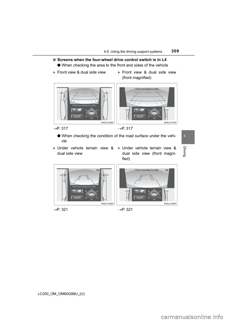TOYOTA LAND CRUISER 2019 Owners Manual (in English) LC200_OM_OM60Q99U_(U)
3094-5. Using the driving support systems
4
Driving
■Screens when the four-wheel drive control switch is in L4
●When checking the area to the fr ont and sides of the vehicle
TOYOTA LAND CRUISER 2019 Owners Manual (in English) LC200_OM_OM60Q99U_(U)
3094-5. Using the driving support systems
4
Driving
■Screens when the four-wheel drive control switch is in L4
●When checking the area to the fr ont and sides of the vehicle