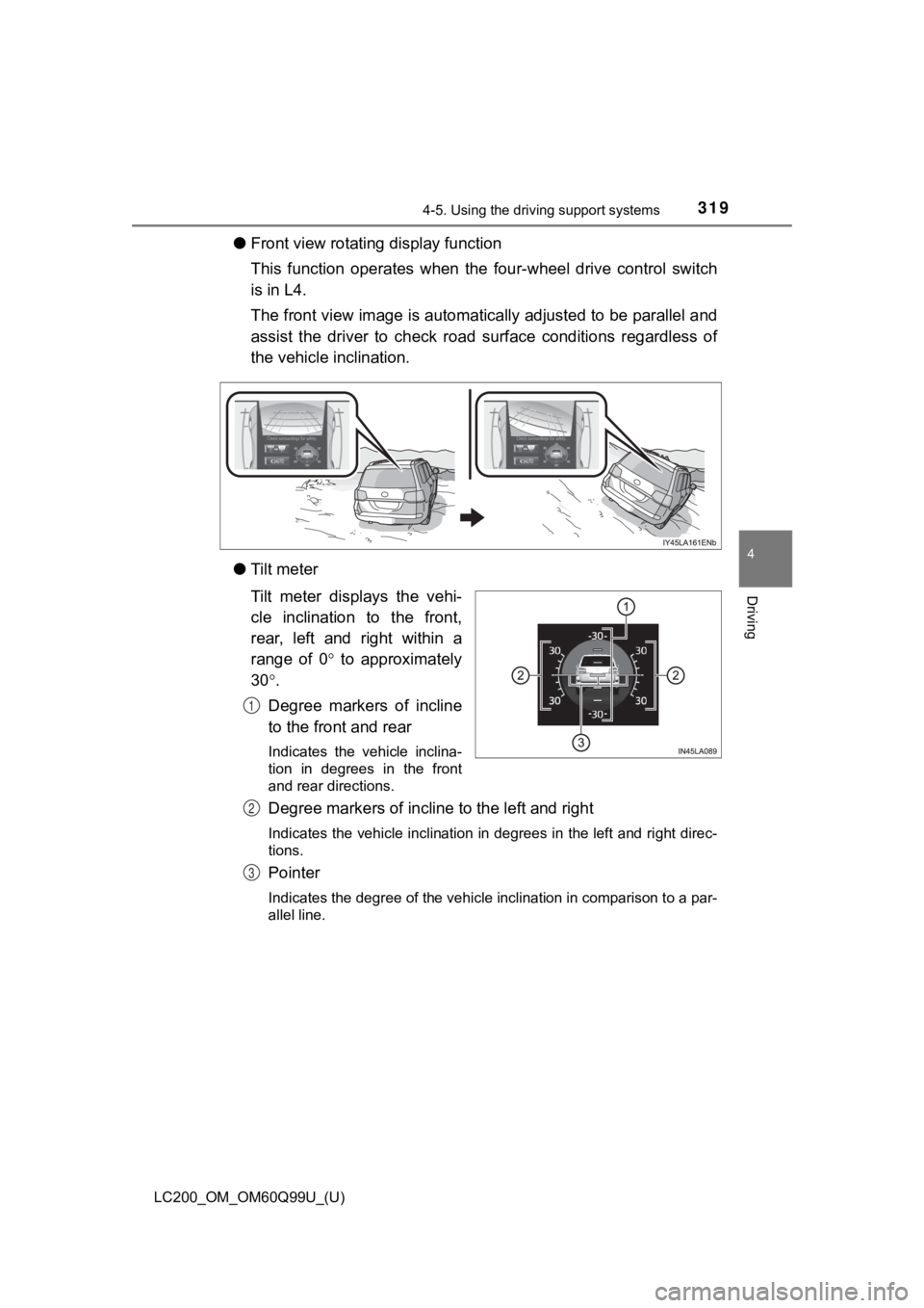 TOYOTA LAND CRUISER 2019  Owners Manual (in English) LC200_OM_OM60Q99U_(U)
3194-5. Using the driving support systems
4
Driving
●Front view rotating display function
This  function  operates  when  the  four-wheel  drive  control  switch
is in L4.
The 