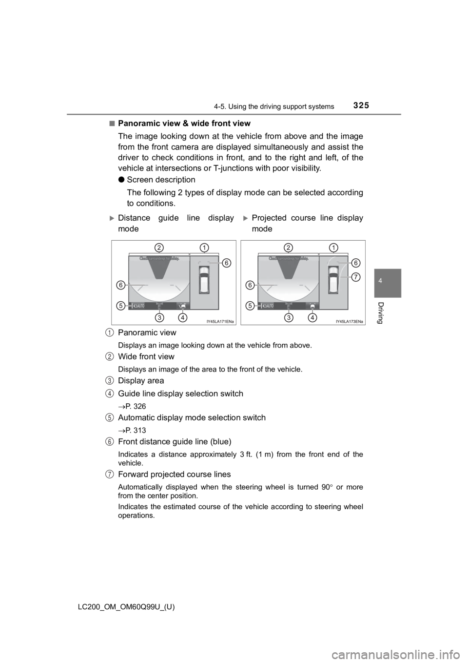 TOYOTA LAND CRUISER 2019 Owners Manual (in English) LC200_OM_OM60Q99U_(U)
3254-5. Using the driving support systems
4
Driving
■Panoramic view & wide front view
The image looking down at the vehicle from above and the image
from the fron TOYOTA LAND CRUISER 2019 Owners Manual (in English) LC200_OM_OM60Q99U_(U)
3254-5. Using the driving support systems
4
Driving
■Panoramic view & wide front view
The image looking down at the vehicle from above and the image
from the fron