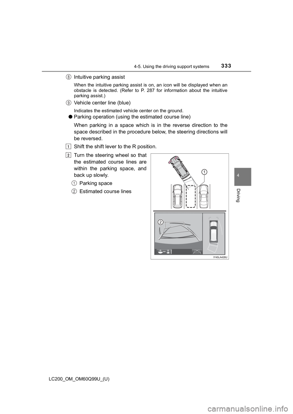 TOYOTA LAND CRUISER 2019 Owners Manual (in English) LC200_OM_OM60Q99U_(U)
3334-5. Using the driving support systems
4
Driving
Intuitive parking assist
When the intuitive parking assist is on, an icon will be displa yed when an
obstacle is TOYOTA LAND CRUISER 2019 Owners Manual (in English) LC200_OM_OM60Q99U_(U)
3334-5. Using the driving support systems
4
Driving
Intuitive parking assist
When the intuitive parking assist is on, an icon will be displa yed when an
obstacle is