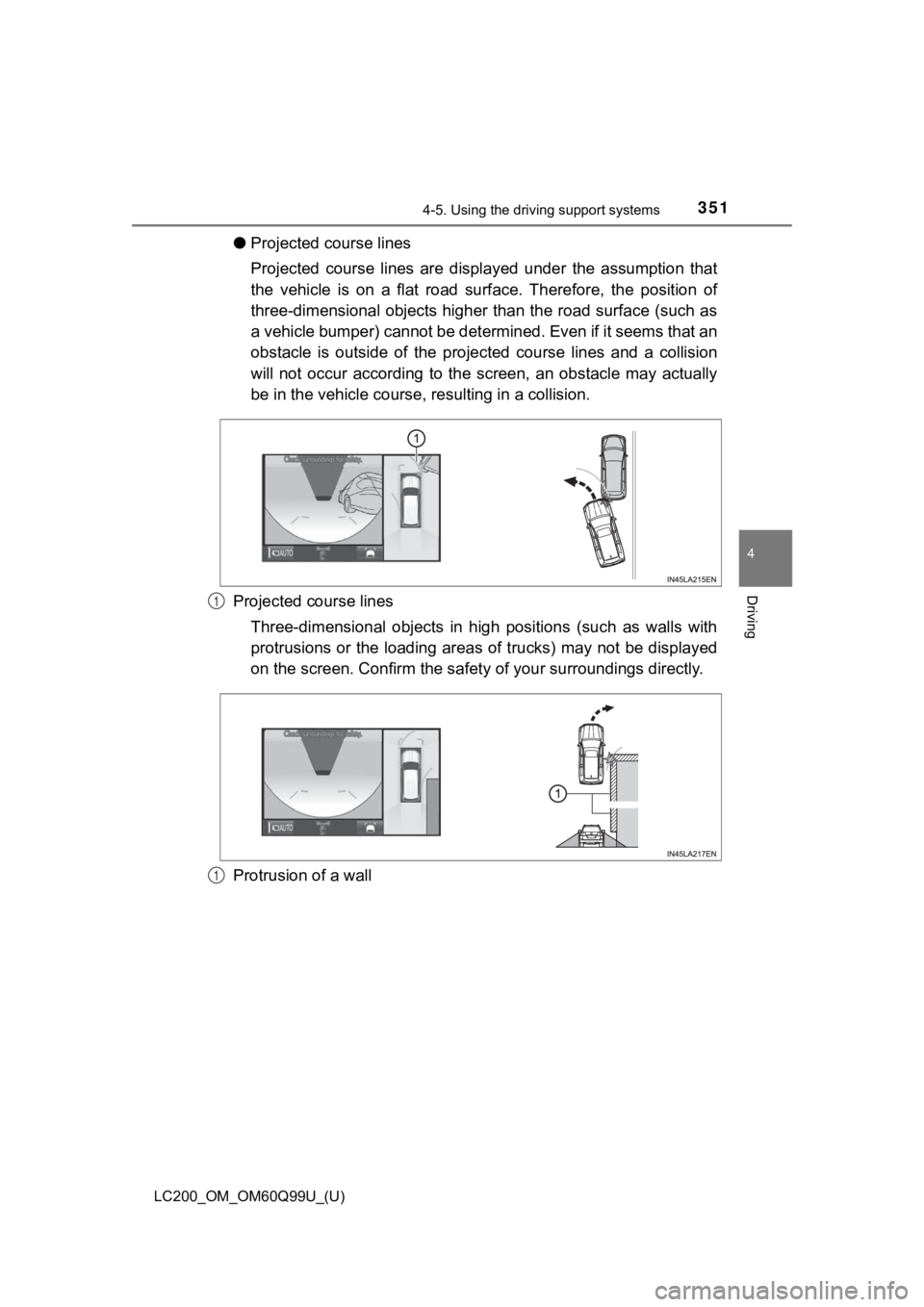 TOYOTA LAND CRUISER 2019 Owners Manual (in English) LC200_OM_OM60Q99U_(U)
3514-5. Using the driving support systems
4
Driving
●Projected course lines
Projected course lines are displ ayed under the assumption that
the vehicle is on a fla TOYOTA LAND CRUISER 2019 Owners Manual (in English) LC200_OM_OM60Q99U_(U)
3514-5. Using the driving support systems
4
Driving
●Projected course lines
Projected course lines are displ ayed under the assumption that
the vehicle is on a fla