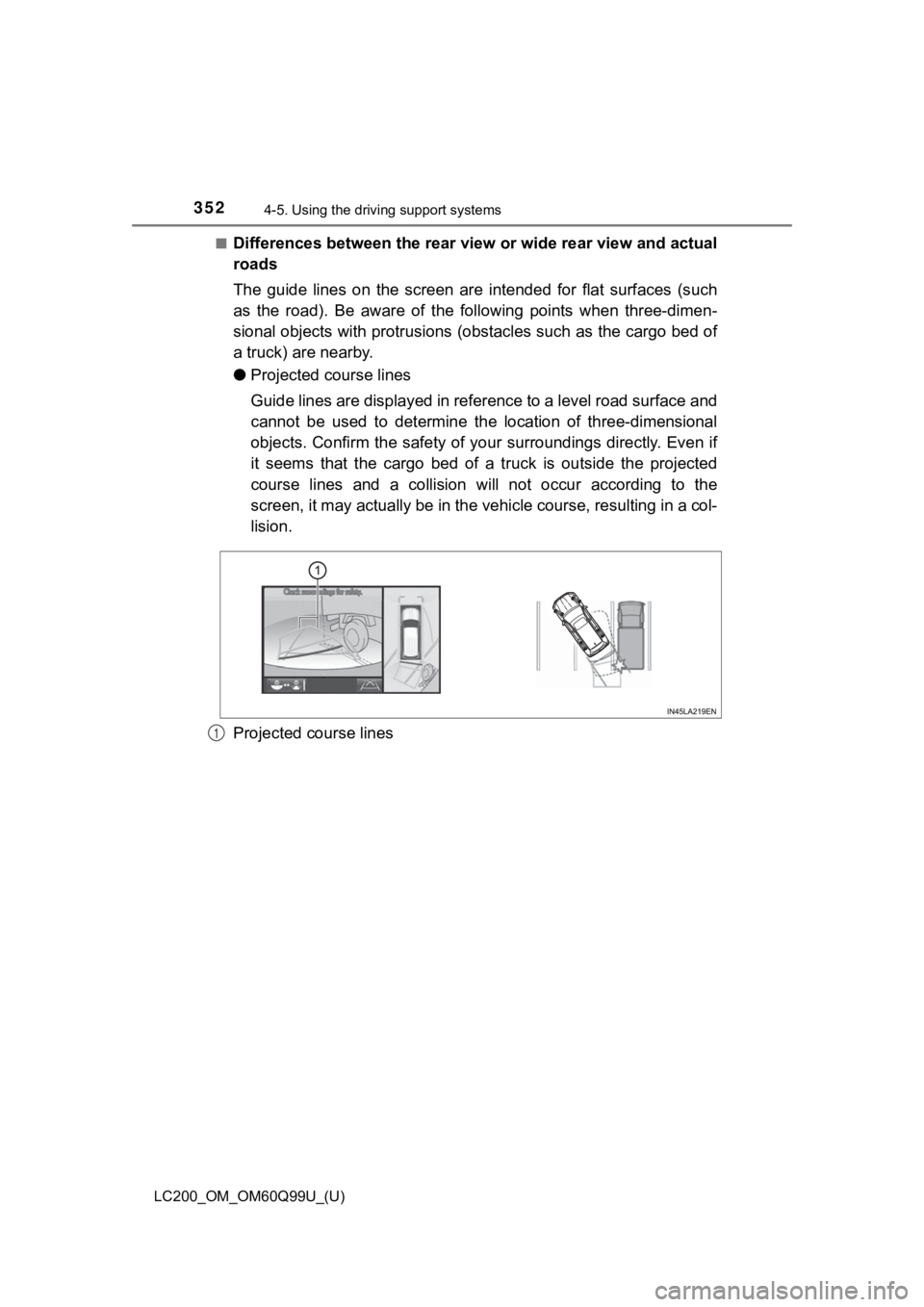 TOYOTA LAND CRUISER 2019 Owners Manual (in English) 352
LC200_OM_OM60Q99U_(U)
4-5. Using the driving support systems
■Differences between the rear view or wide rear view and actual
roads
The guide lines on the screen are intended for flat s TOYOTA LAND CRUISER 2019 Owners Manual (in English) 352
LC200_OM_OM60Q99U_(U)
4-5. Using the driving support systems
■Differences between the rear view or wide rear view and actual
roads
The guide lines on the screen are intended for flat s