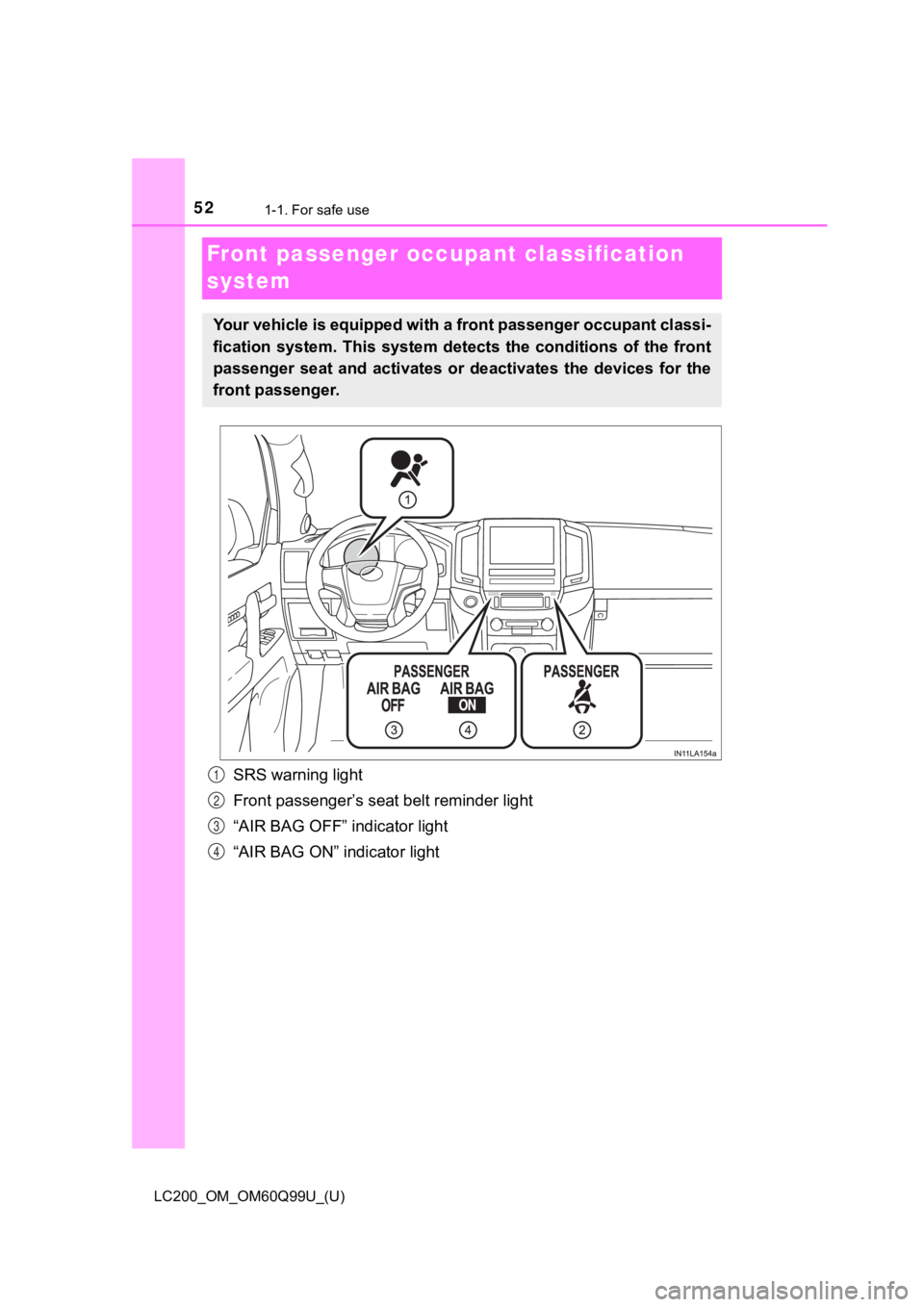 TOYOTA LAND CRUISER 2019   (in English) Workshop Manual 521-1. For safe use
LC200_OM_OM60Q99U_(U)
Front passenger occupant classification 
system
SRS warning light
Front passenger’s seat belt reminder light
“AIR BAG OFF” indicator light
“AIR BAG ON