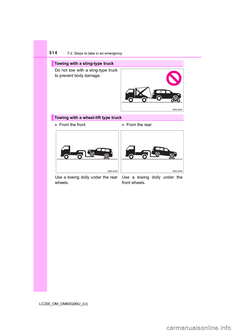 TOYOTA LAND CRUISER 2019 Owners Manual (in English) 5147-2. Steps to take in an emergency
LC200_OM_OM60Q99U_(U)
Do not tow with a sling-type truck
to prevent body damage.
Towing with a sling-type truck
Towing with a wheel-lift type truck
From TOYOTA LAND CRUISER 2019 Owners Manual (in English) 5147-2. Steps to take in an emergency
LC200_OM_OM60Q99U_(U)
Do not tow with a sling-type truck
to prevent body damage.
Towing with a sling-type truck
Towing with a wheel-lift type truck
From