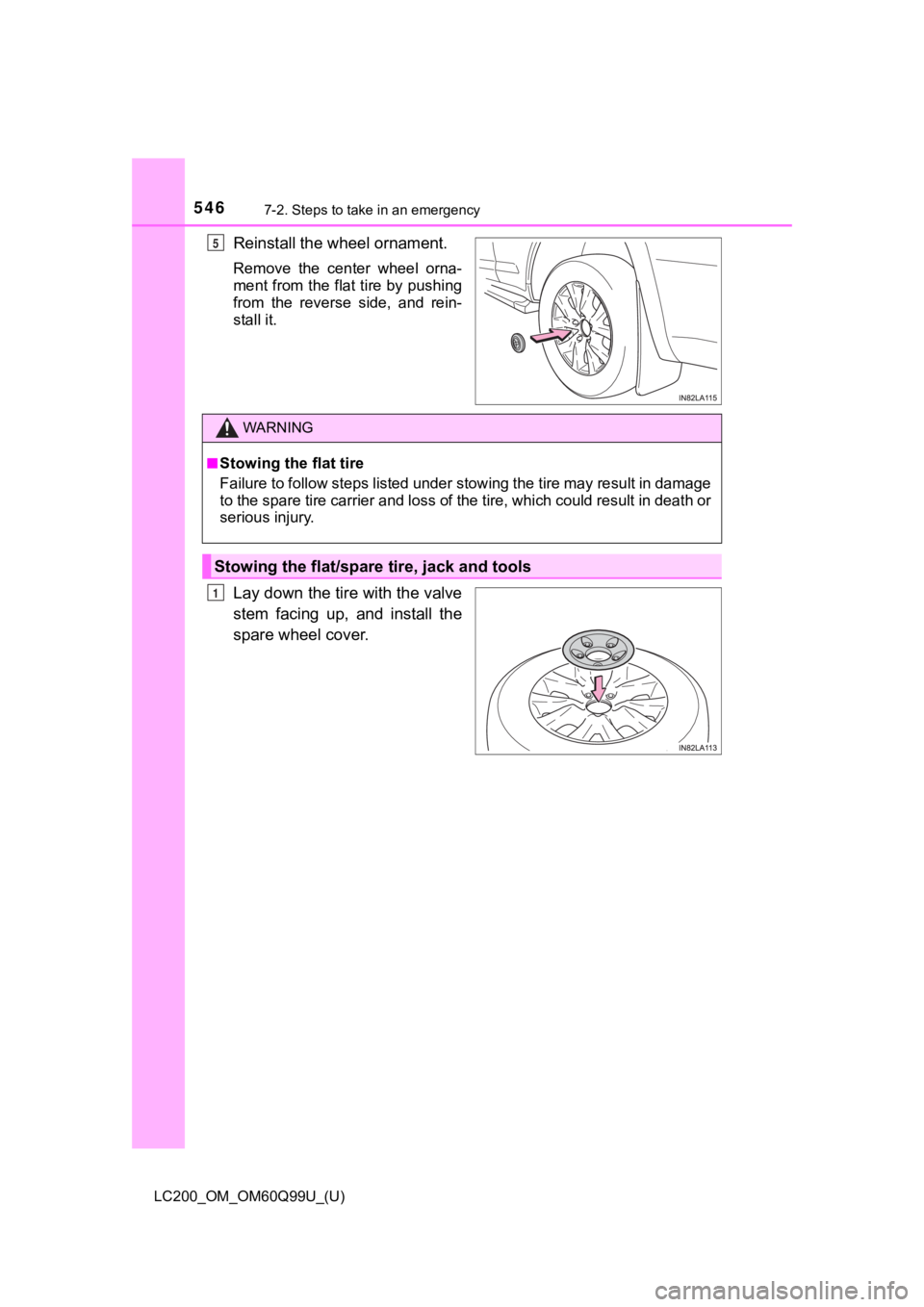 TOYOTA LAND CRUISER 2019  Owners Manual (in English) 5467-2. Steps to take in an emergency
LC200_OM_OM60Q99U_(U)
Reinstall the wheel ornament.
Remove  the  center  wheel  orna-
ment from the flat tire by pushing
from  the  reverse  side,  and  rein-
sta