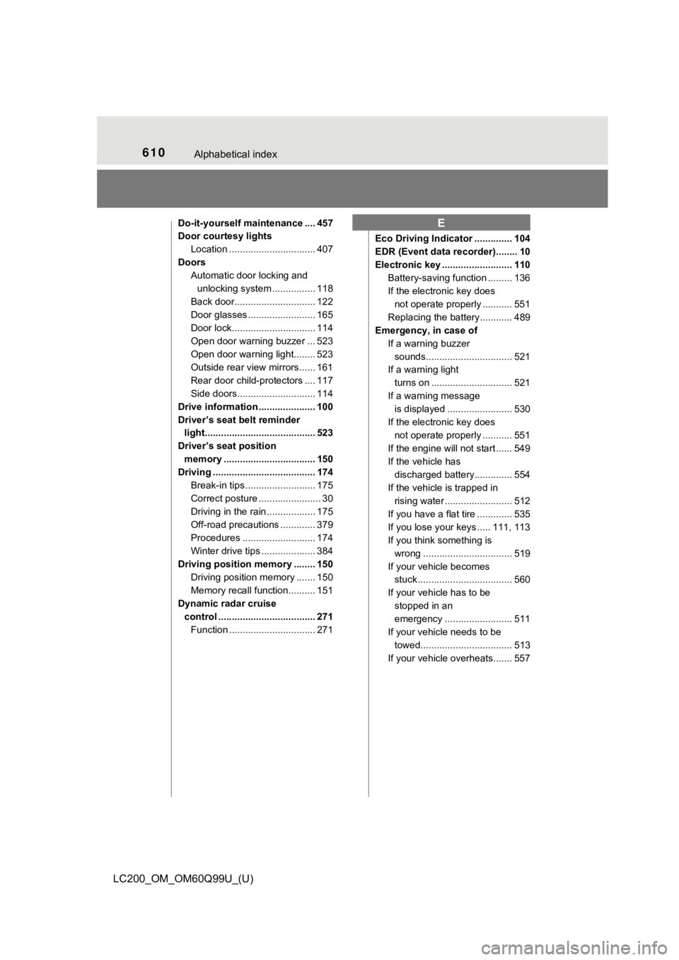 TOYOTA LAND CRUISER 2019 Owners Manual (in English) 610Alphabetical index
LC200_OM_OM60Q99U_(U)
Do-it-yourself maintenance .... 457
Door courtesy lightsLocation ................................ 407
Doors Automatic door locking and
unlocking system ... TOYOTA LAND CRUISER 2019 Owners Manual (in English) 610Alphabetical index
LC200_OM_OM60Q99U_(U)
Do-it-yourself maintenance .... 457
Door courtesy lightsLocation ................................ 407
Doors Automatic door locking and
unlocking system ...