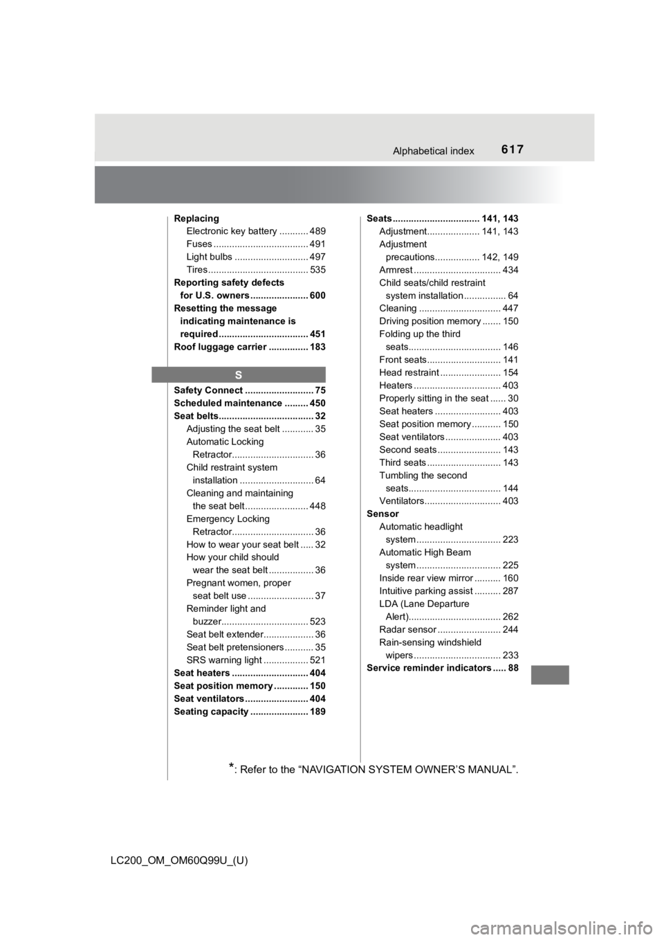 TOYOTA LAND CRUISER 2019 Owners Manual (in English) 617Alphabetical index
LC200_OM_OM60Q99U_(U)
ReplacingElectronic key battery ........... 489
Fuses .................................... 491
Light bulbs ............................ 497
Tires .......... TOYOTA LAND CRUISER 2019 Owners Manual (in English) 617Alphabetical index
LC200_OM_OM60Q99U_(U)
ReplacingElectronic key battery ........... 489
Fuses .................................... 491
Light bulbs ............................ 497
Tires ..........