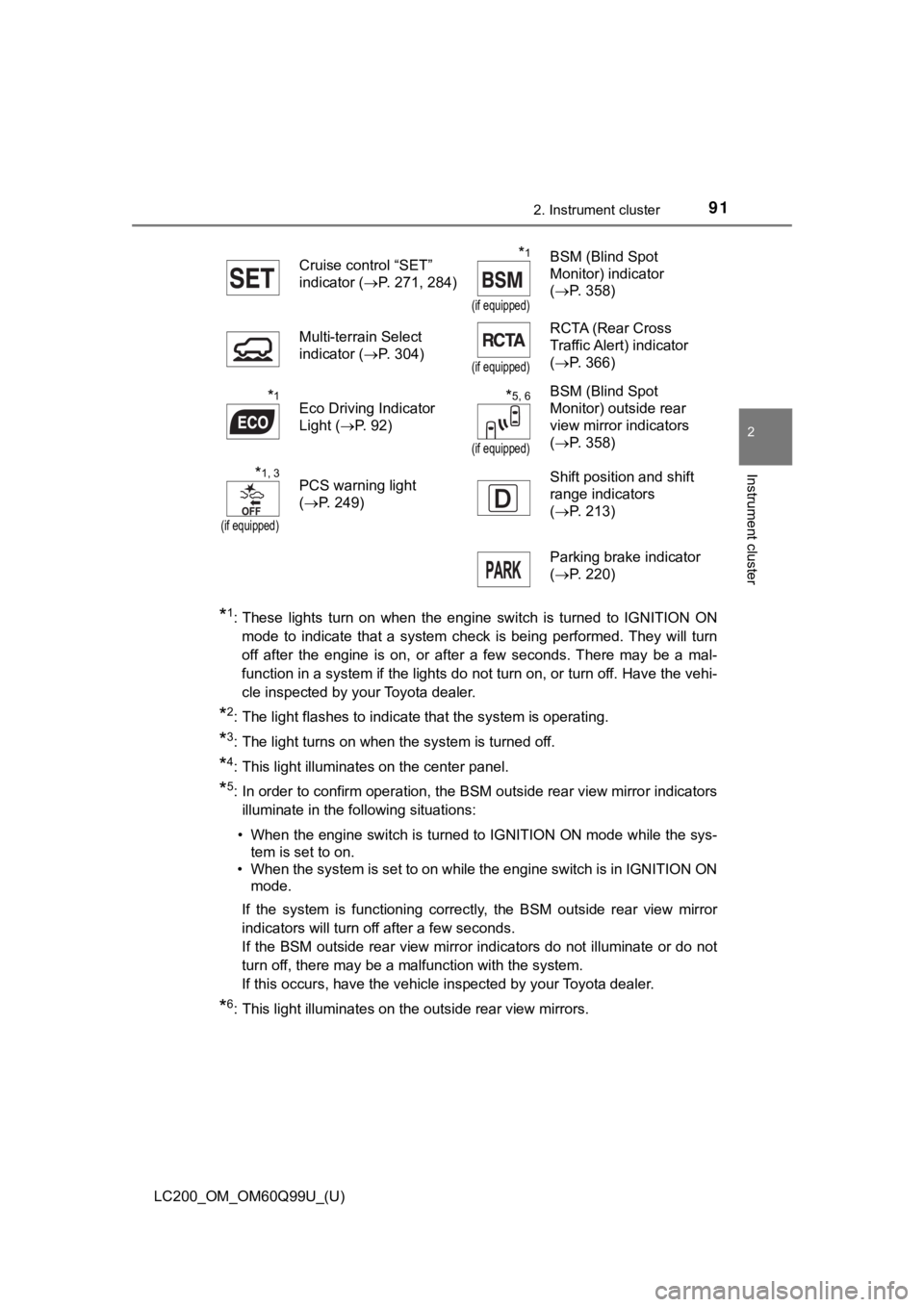 TOYOTA LAND CRUISER 2019  Owners Manual (in English) LC200_OM_OM60Q99U_(U)
912. Instrument cluster
2
Instrument cluster
*1: These  lights  turn  on  when  the  engine  switch  is  turned  to  IGNITION  ON
mode  to  indicate  that  a  system  check  is  