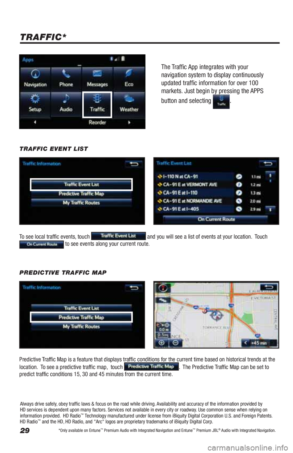 TOYOTA LAND CRUISER 2019  Accessories, Audio & Navigation (in English) 29
The Traffic App integrates with your 
navigation system to display continuously 
updated traffic information for over 100 
markets. Just begin by pressing the APPS 
button and selecting
 .
 
TRAFFI