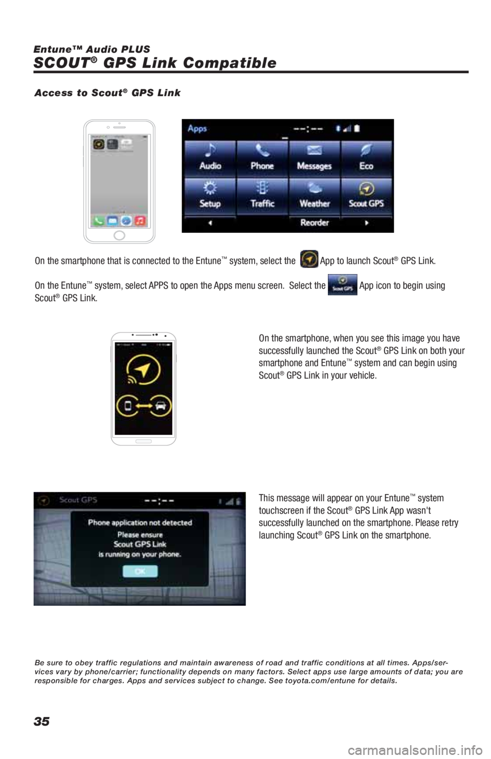 TOYOTA LAND CRUISER 2019 Accessories, Audio & Navigation (in English) 35
SCOUT® GPS Link Compatible
Entune™ Audio PLUS
On the smartphone, when you see this image you have
successfully launched the Scout
® GPS Link on both your
smartphone and Entune™ system and TOYOTA LAND CRUISER 2019 Accessories, Audio & Navigation (in English) 35
SCOUT® GPS Link Compatible
Entune™ Audio PLUS
On the smartphone, when you see this image you have
successfully launched the Scout
® GPS Link on both your
smartphone and Entune™ system and