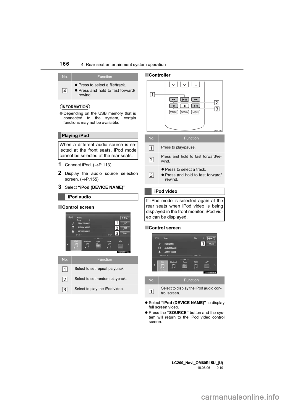 TOYOTA LAND CRUISER 2019  Accessories, Audio & Navigation (in English) LC200_Navi_OM60R15U_(U)
18.06.06     10:10
1664. Rear seat entertainment system operation
1Connect iPod. ( P.113)
2Display  the  audio  source  selection
screen. (P.155)
3Select “iPod (DEVICE 