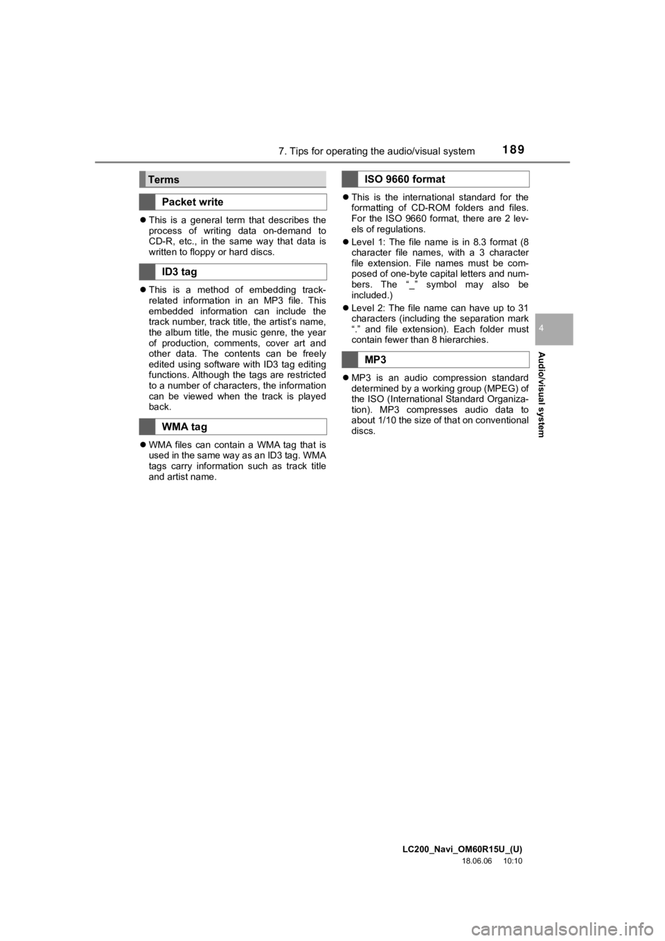 TOYOTA LAND CRUISER 2019 Accessories, Audio & Navigation (in English) LC200_Navi_OM60R15U_(U)
18.06.06 10:10
Audio/visual system
4
1897. Tips for operating the audio/visual system
This is a general term that describes the
process of writing data on-dem TOYOTA LAND CRUISER 2019 Accessories, Audio & Navigation (in English) LC200_Navi_OM60R15U_(U)
18.06.06 10:10
Audio/visual system
4
1897. Tips for operating the audio/visual system
This is a general term that describes the
process of writing data on-dem