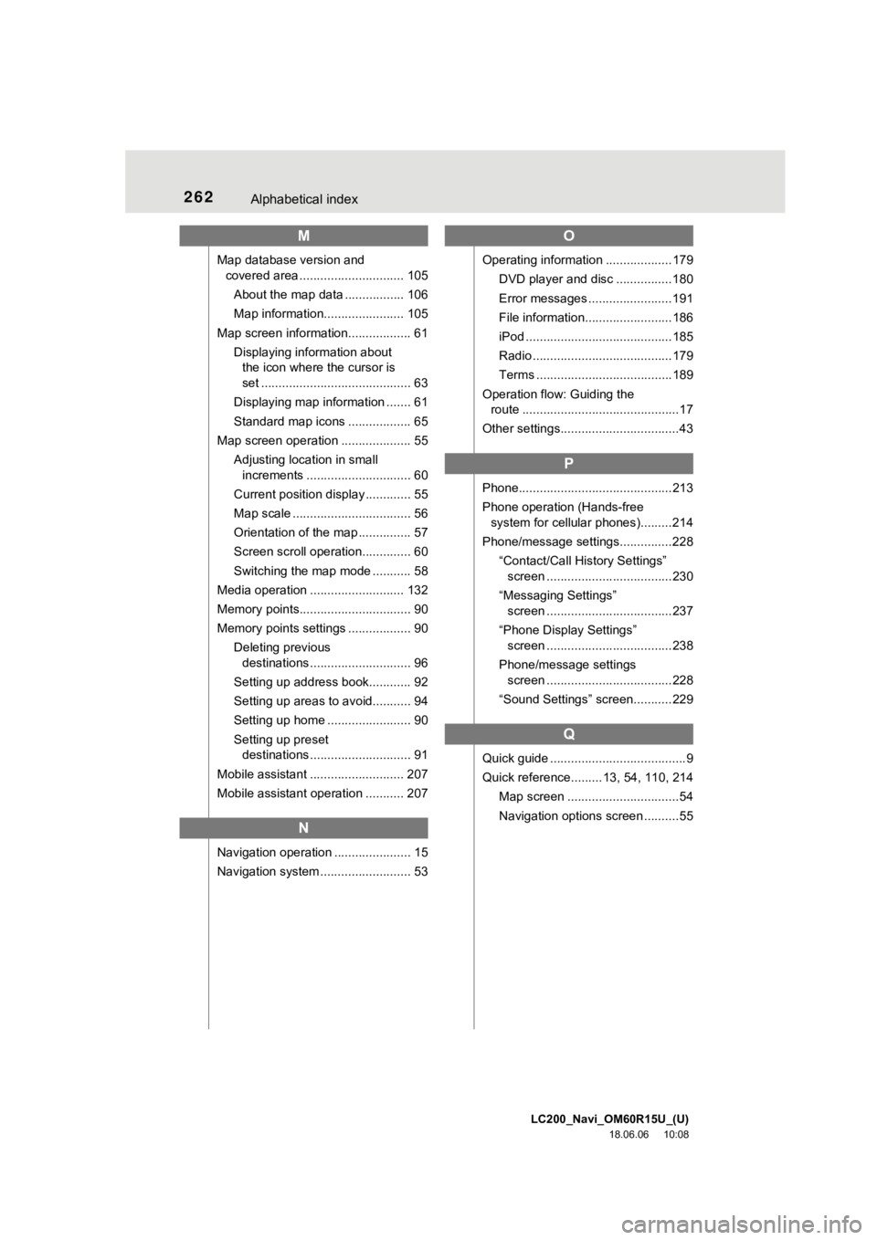 TOYOTA LAND CRUISER 2019 Accessories, Audio & Navigation (in English) LC200_Navi_OM60R15U_(U)
18.06.06 10:08
262Alphabetical index
M
Map database version and covered area .............................. 105
About the map data ................. 106
Map information.... TOYOTA LAND CRUISER 2019 Accessories, Audio & Navigation (in English) LC200_Navi_OM60R15U_(U)
18.06.06 10:08
262Alphabetical index
M
Map database version and covered area .............................. 105
About the map data ................. 106
Map information....