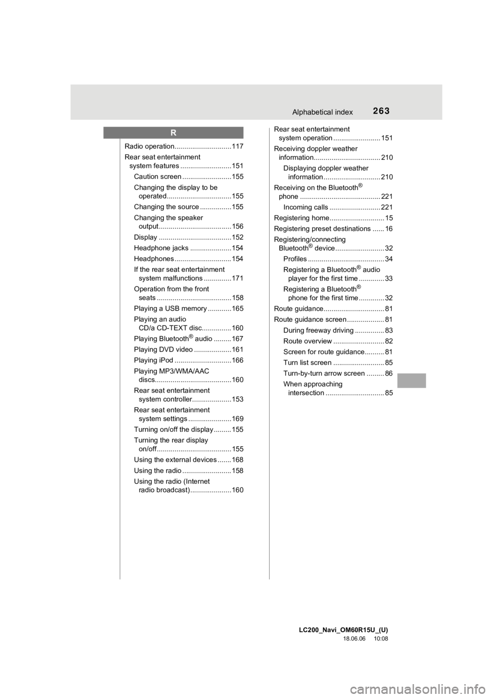 TOYOTA LAND CRUISER 2019  Accessories, Audio & Navigation (in English) LC200_Navi_OM60R15U_(U)
18.06.06     10:08
263Alphabetical index
R
Radio operation............................. 117
Rear seat entertainment system features .......................... 151
Caution scree