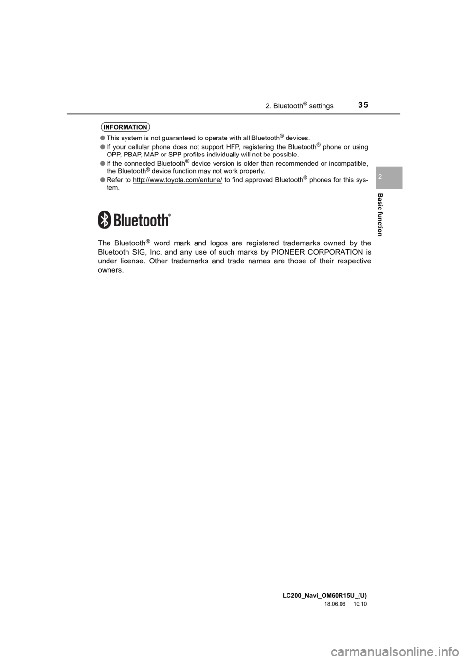 TOYOTA LAND CRUISER 2019  Accessories, Audio & Navigation (in English) LC200_Navi_OM60R15U_(U)
18.06.06     10:10
Basic function
2
352. Bluetooth® settings
The  Bluetooth®  word  mark  and  logos  are  registered  trademarks  owned  by  the
Bluetooth  SIG,  Inc.  and  
