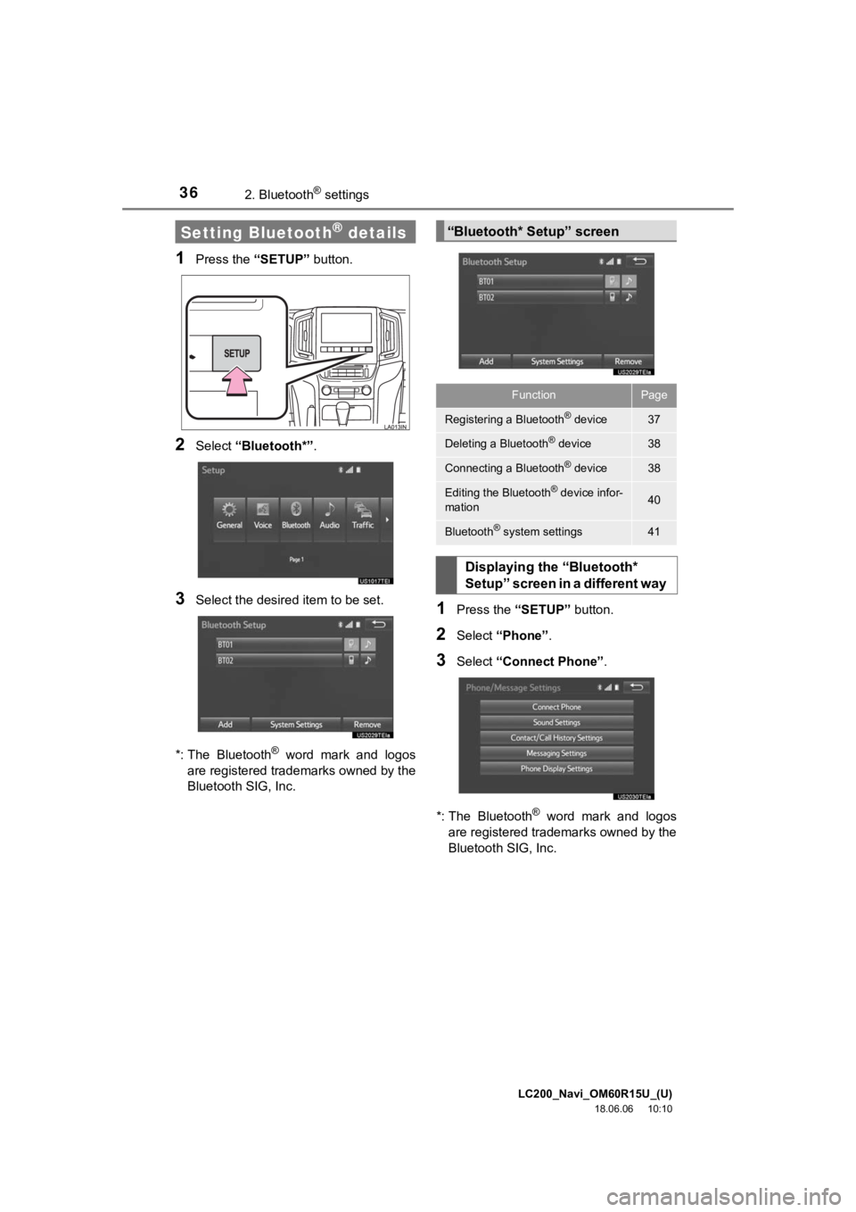TOYOTA LAND CRUISER 2019 Accessories, Audio & Navigation (in English) LC200_Navi_OM60R15U_(U)
18.06.06 10:10
362. Bluetooth® settings
1Press the “SETUP” button.
2Select “Bluetooth*” .
3Select the desired item to be set.
*: The Bluetooth
® word mark and lo TOYOTA LAND CRUISER 2019 Accessories, Audio & Navigation (in English) LC200_Navi_OM60R15U_(U)
18.06.06 10:10
362. Bluetooth® settings
1Press the “SETUP” button.
2Select “Bluetooth*” .
3Select the desired item to be set.
*: The Bluetooth
® word mark and lo