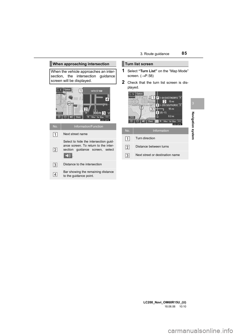 TOYOTA LAND CRUISER 2019 Accessories, Audio & Navigation (in English) LC200_Navi_OM60R15U_(U)
18.06.06 10:10
Navigation system
3
853. Route guidance
1Select “Turn List” on the “Map Mode”
screen. ( P.58)
2Check that the turn list screen is dis-
pla TOYOTA LAND CRUISER 2019 Accessories, Audio & Navigation (in English) LC200_Navi_OM60R15U_(U)
18.06.06 10:10
Navigation system
3
853. Route guidance
1Select “Turn List” on the “Map Mode”
screen. ( P.58)
2Check that the turn list screen is dis-
pla