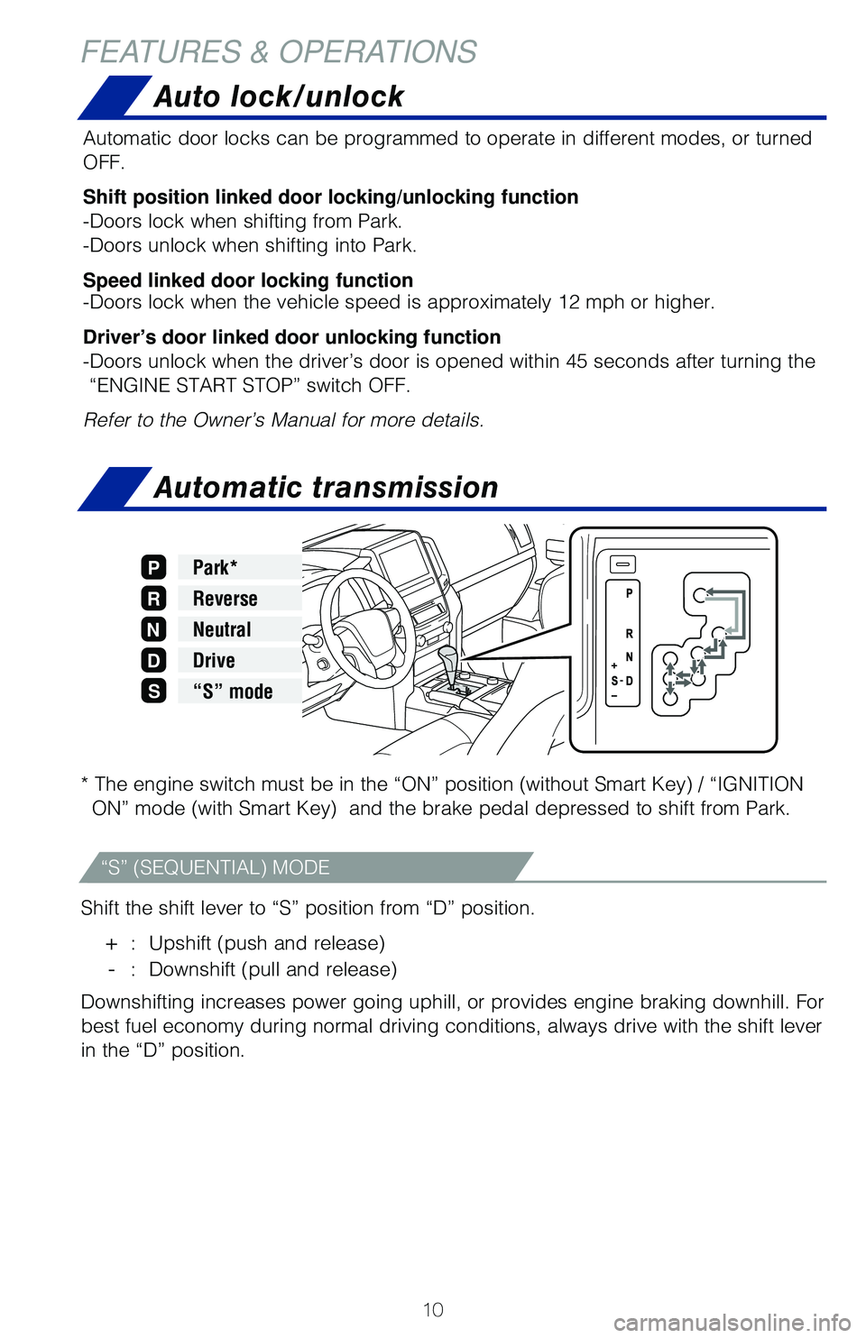 TOYOTA LAND CRUISER 2020   (in English) User Guide 10
Auto lock/unlock
Automatic transmission
� �5he engine switch must �Ce in the �i�0�/�w �Qosition �	without �4mart �,ey�
 � �iI�(�/I�5I�0�/ �0�/�w mode �	with �4mart �,ey�
  and the �Cra�Le �Qeda�M