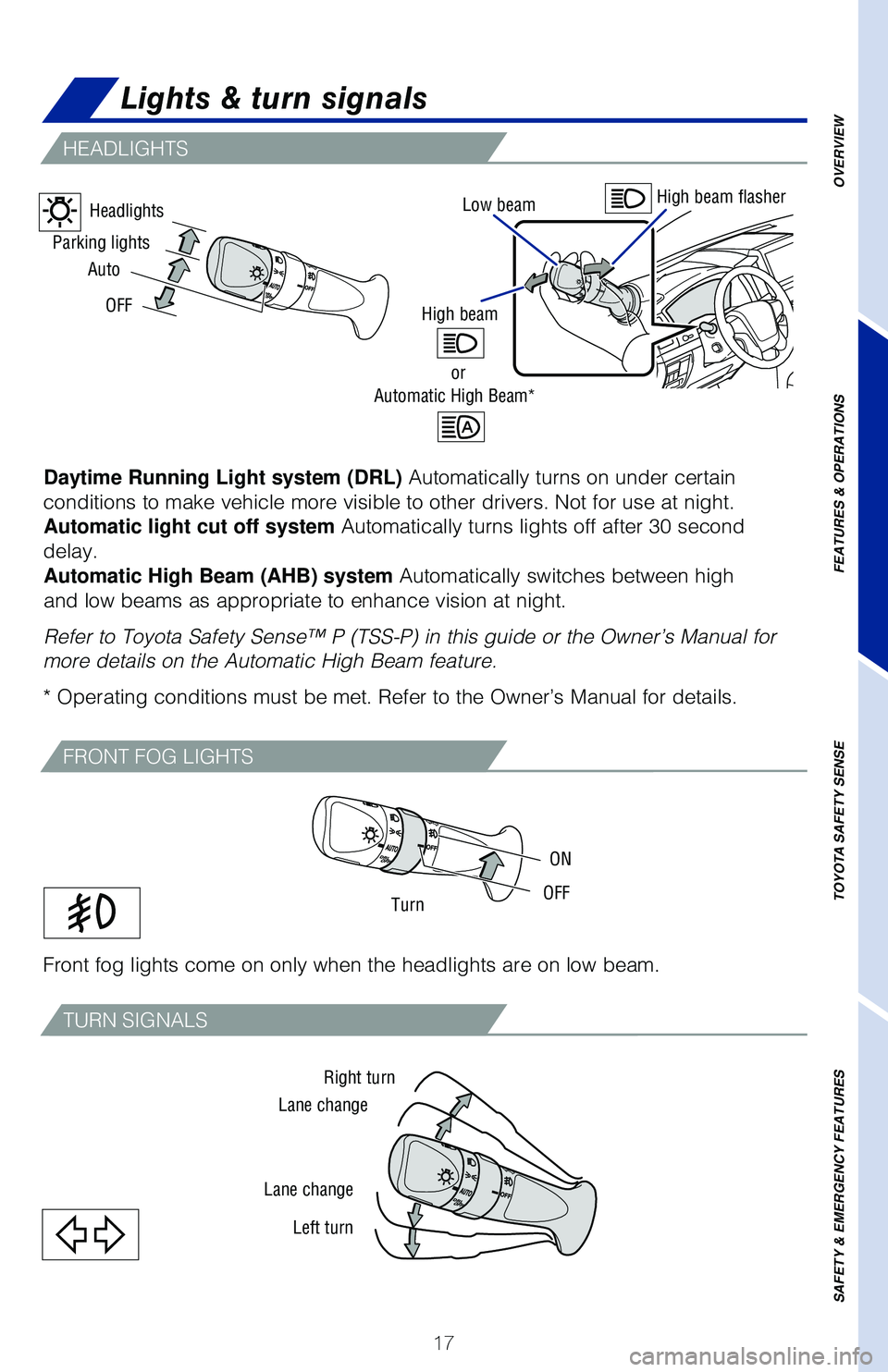 TOYOTA LAND CRUISER 2020  Owners Manual (in English) 17
OVERVIEW
FEATURES & OPERATIONS
TOYOTA SAFETY SENSE
SAFETY & EMERGENCY FEATURES
Daytime Running Light system (DRL) Automatically turns on under certain 
conditions to make vehicle more visible to ot