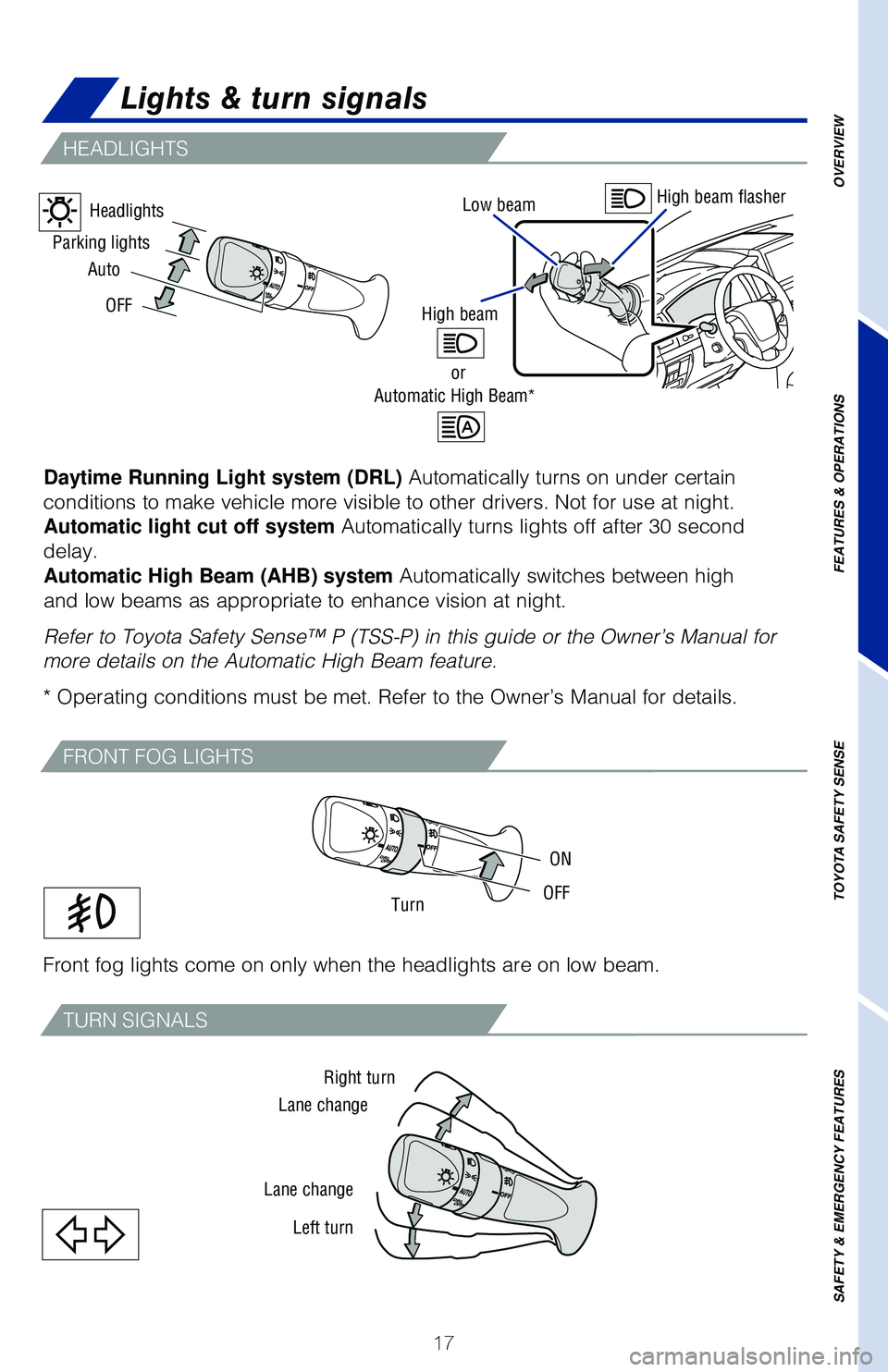 TOYOTA LAND CRUISER 2020   (in English) User Guide 17
OVERVIEW
FEATURES & OPERATIONS
TOYOTA SAFETY SENSE
SAFETY & EMERGENCY FEATURES
Daytime Running Light system (DRL) Automatically turns on under certain 
conditions to make vehicle more visible to ot