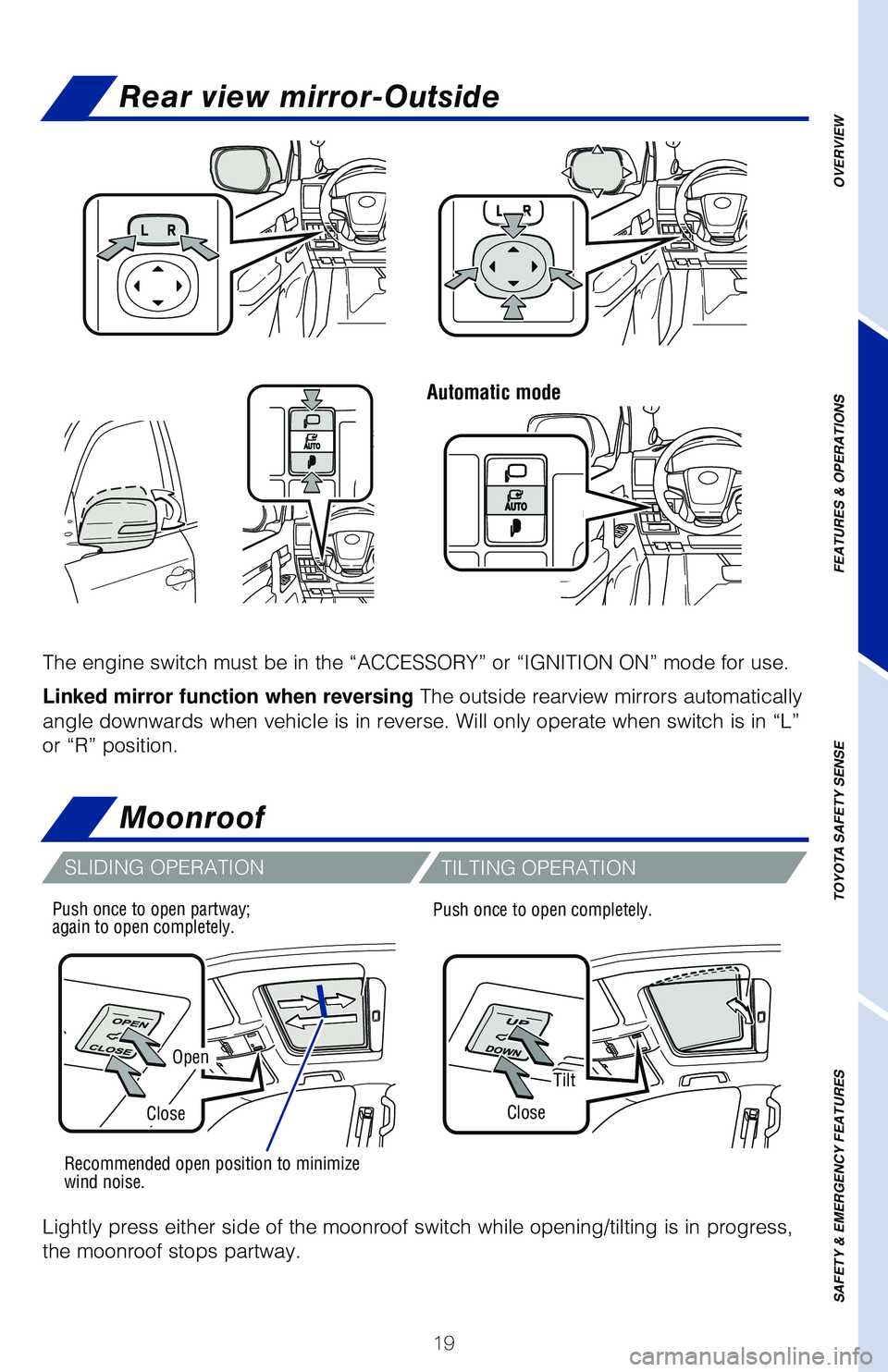 TOYOTA LAND CRUISER 2020 (in English) Owners Manual 19
Moonroof
Automatic mode
Open
Tilt
CloseClose
Recommended open position to minimize
wind noise.
Push once to open partway;
again to open completely.
The engine switch must be in the “ACCESSORY TOYOTA LAND CRUISER 2020 (in English) Owners Manual 19
Moonroof
Automatic mode
Open
Tilt
CloseClose
Recommended open position to minimize
wind noise.
Push once to open partway;
again to open completely.
The engine switch must be in the “ACCESSORY