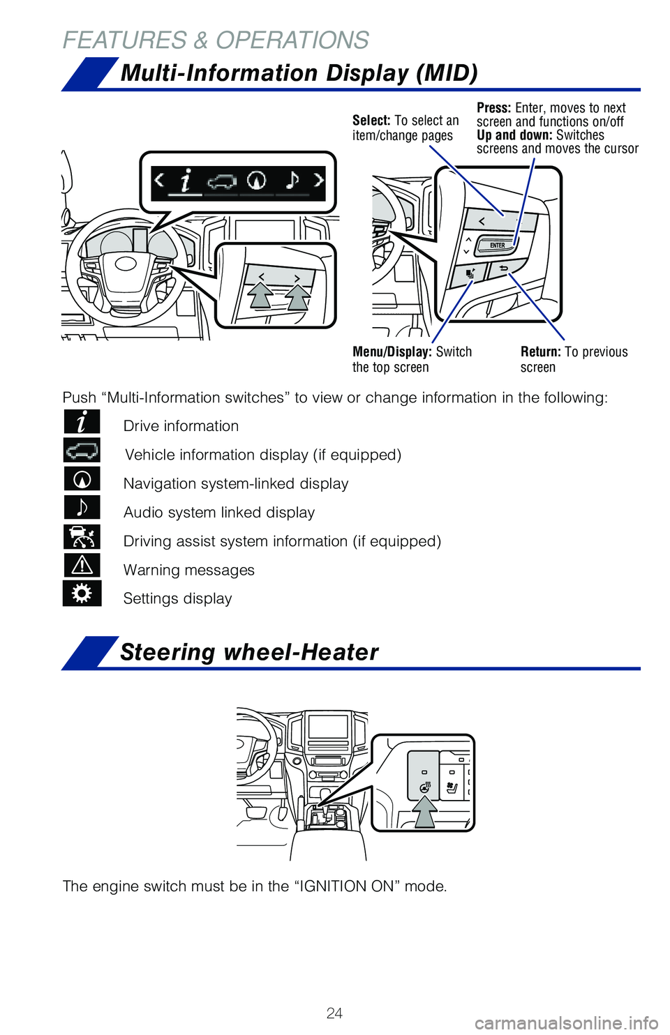 TOYOTA LAND CRUISER 2020 (in English) Owners Manual 24
FEATURES & OPERATIONSMulti-Information Display (MID)
Select: To select an
item/change pagesPress: Enter, moves to next
screen and functions on/off
Up and down: Switches
screens and moves the cur TOYOTA LAND CRUISER 2020 (in English) Owners Manual 24
FEATURES & OPERATIONSMulti-Information Display (MID)
Select: To select an
item/change pagesPress: Enter, moves to next
screen and functions on/off
Up and down: Switches
screens and moves the cur