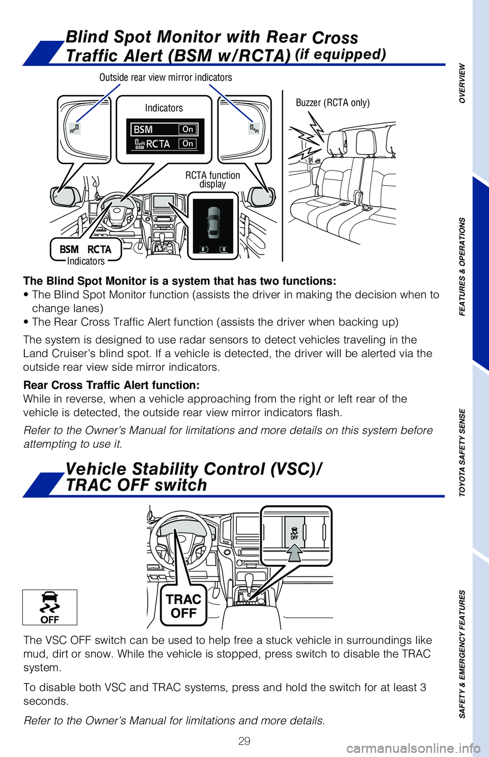 TOYOTA LAND CRUISER 2020   (in English) Owners Guide 29
OVERVIEW
FEATURES & OPERATIONS
TOYOTA SAFETY SENSE
SAFETY & EMERGENCY FEATURES
Vehicle Stability Control (VSC)/ 
TRAC OFF switch
The VSC OFF switch can be used to help free a stuck vehicle in surro