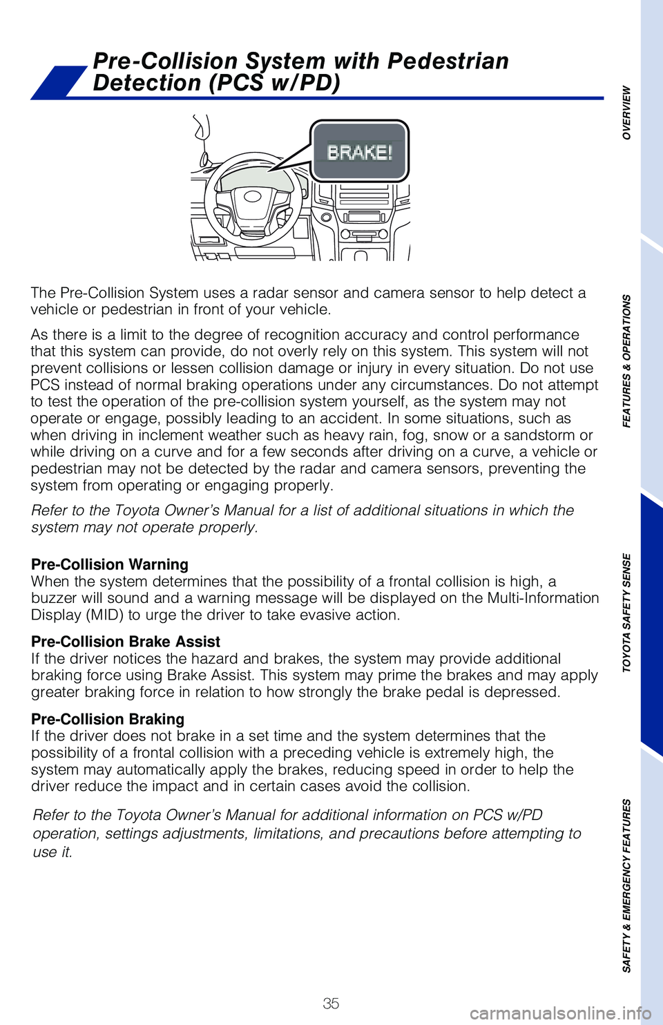 TOYOTA LAND CRUISER 2020   (in English) Owners Guide 35
OVERVIEW
FEATURES & OPERATIONS
TOYOTA SAFETY SENSE
SAFETY & EMERGENCY FEATURES
The Pre-Collision System uses a radar sensor and camera sensor to help d\
etect a 
vehicle or pedestrian in front of y